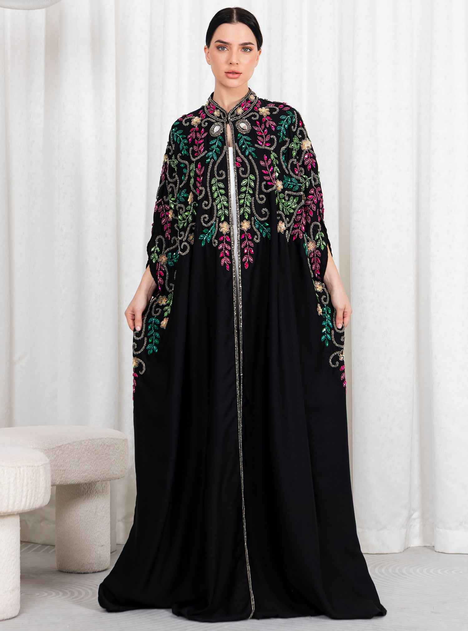Bahar-ABY020 – Timeless Black Abaya with Masterful Multicolor Beadwork & Regal Cape Design