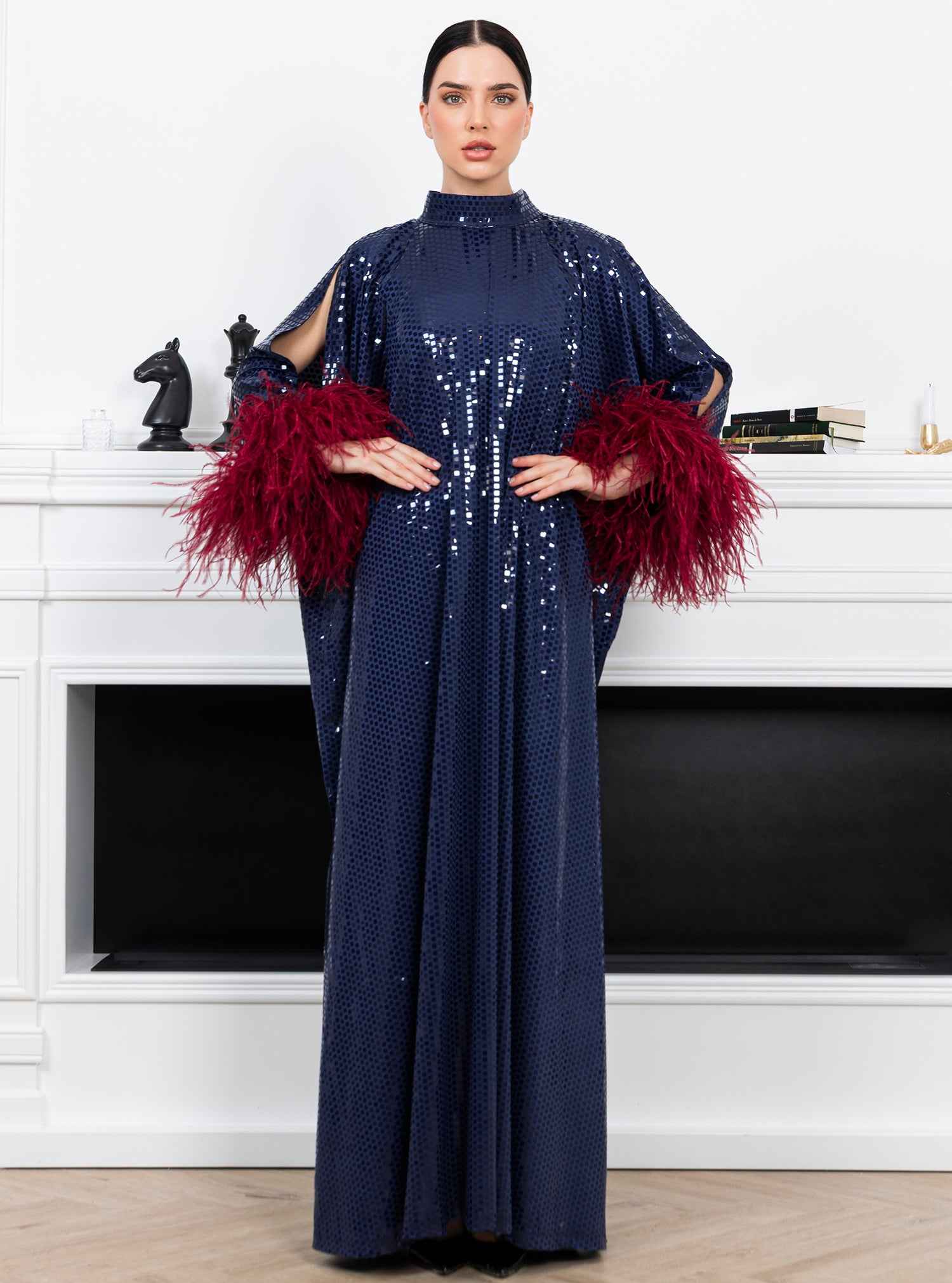 Berry-KTN036  Navy Sequin Kaftan with Luxe Feather Detailing  BAZZAZ  COUTURE
