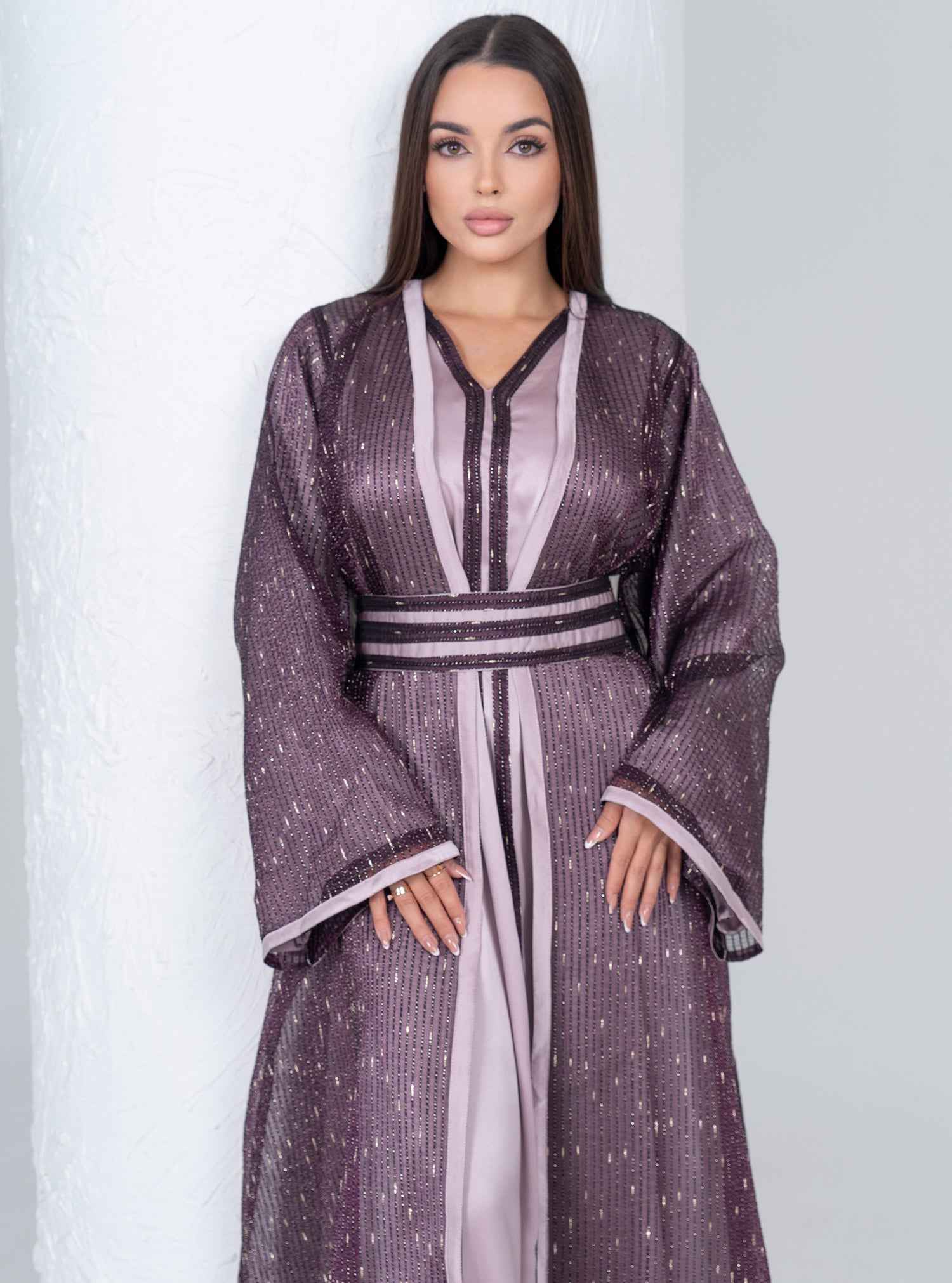 Plum KTN023 – Purple Silk Organza Moroccan Kaftan With Regal Satin Highlights