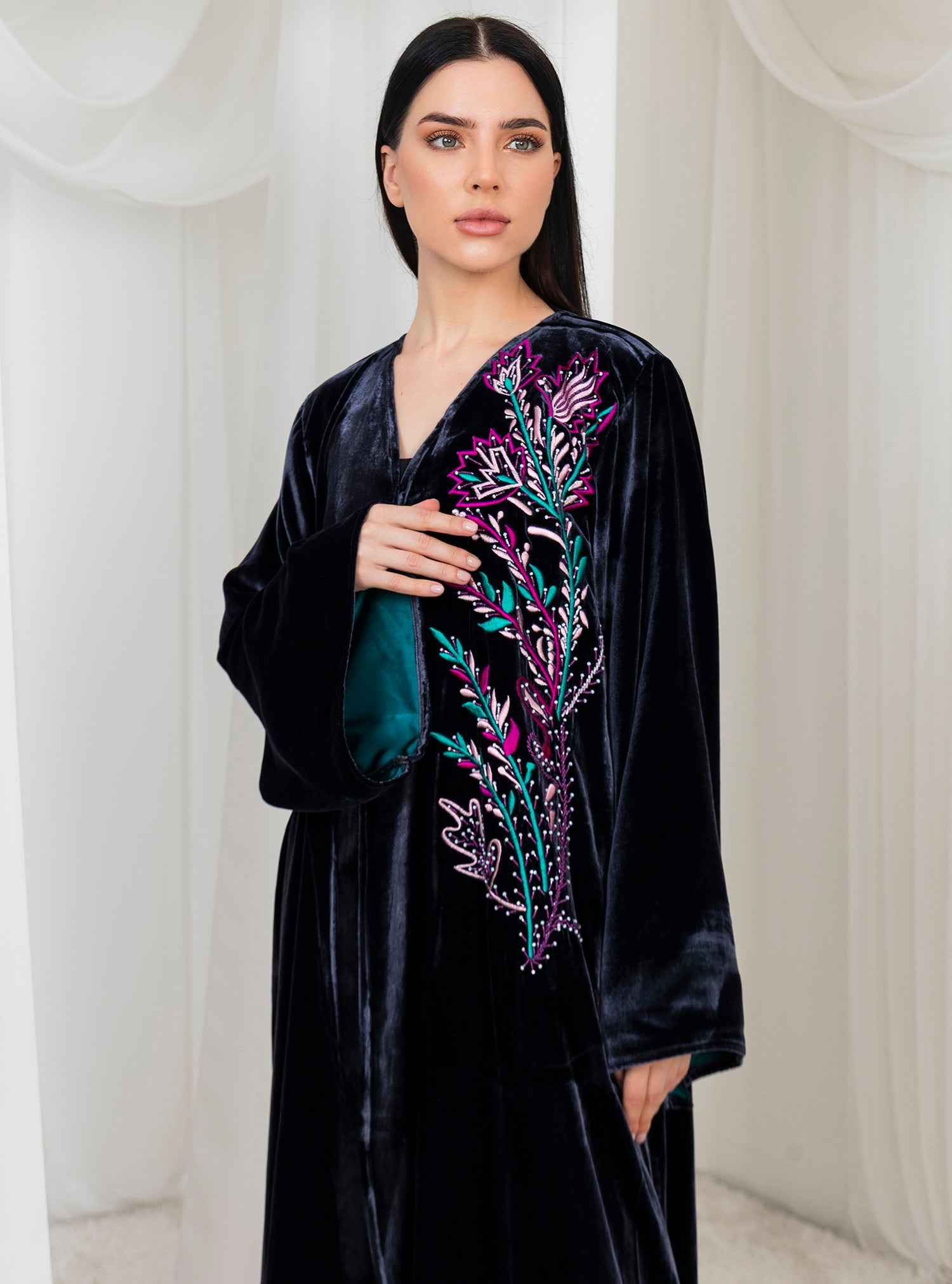Fayrouz-ABY042 – Black Velvet Abaya with Refined Silk Thread Embroidery
