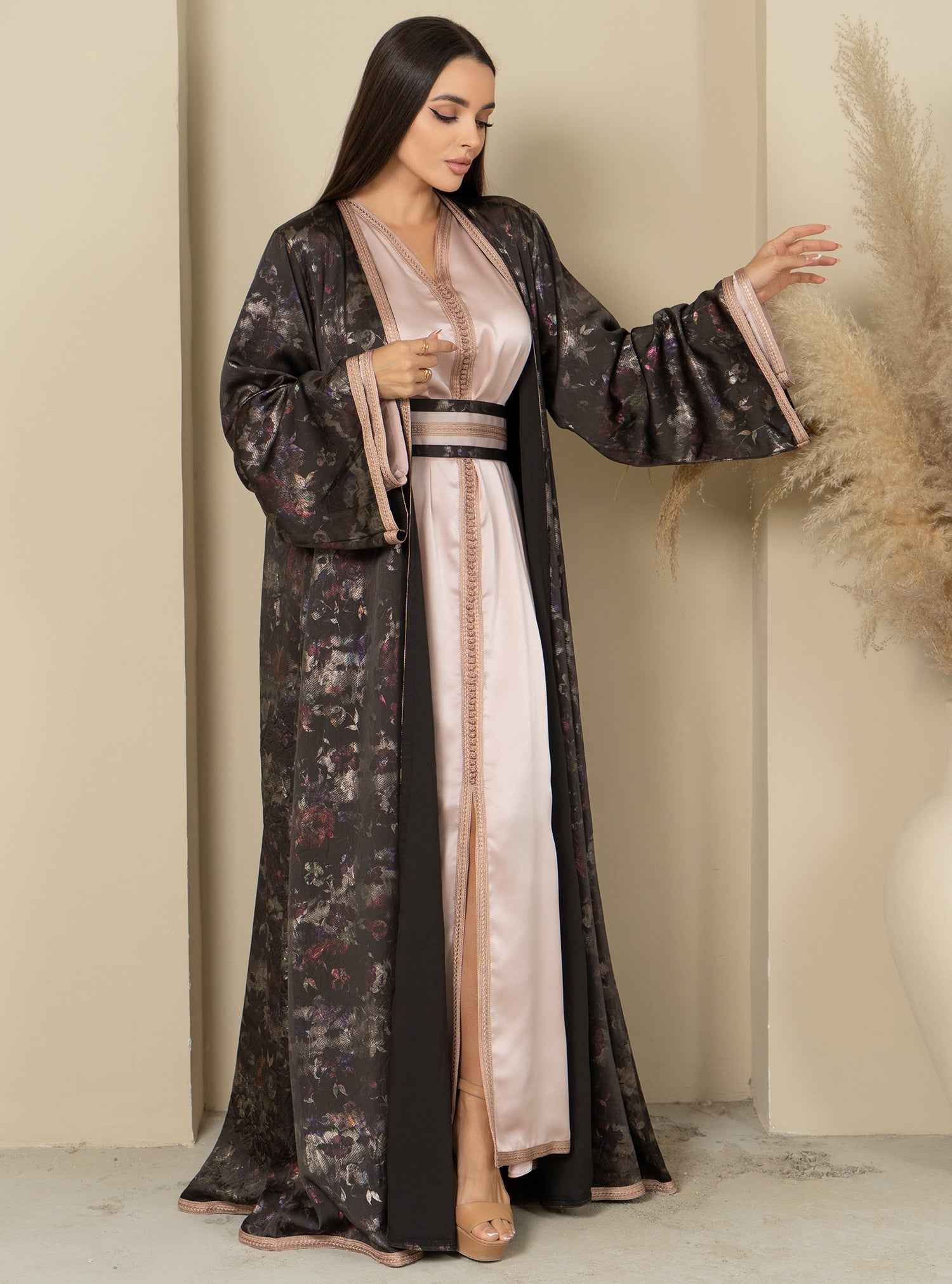 Selene-KTN030 – Soft Pink Crepe Cocktail Kaftan with Midnight Black Layered Cape