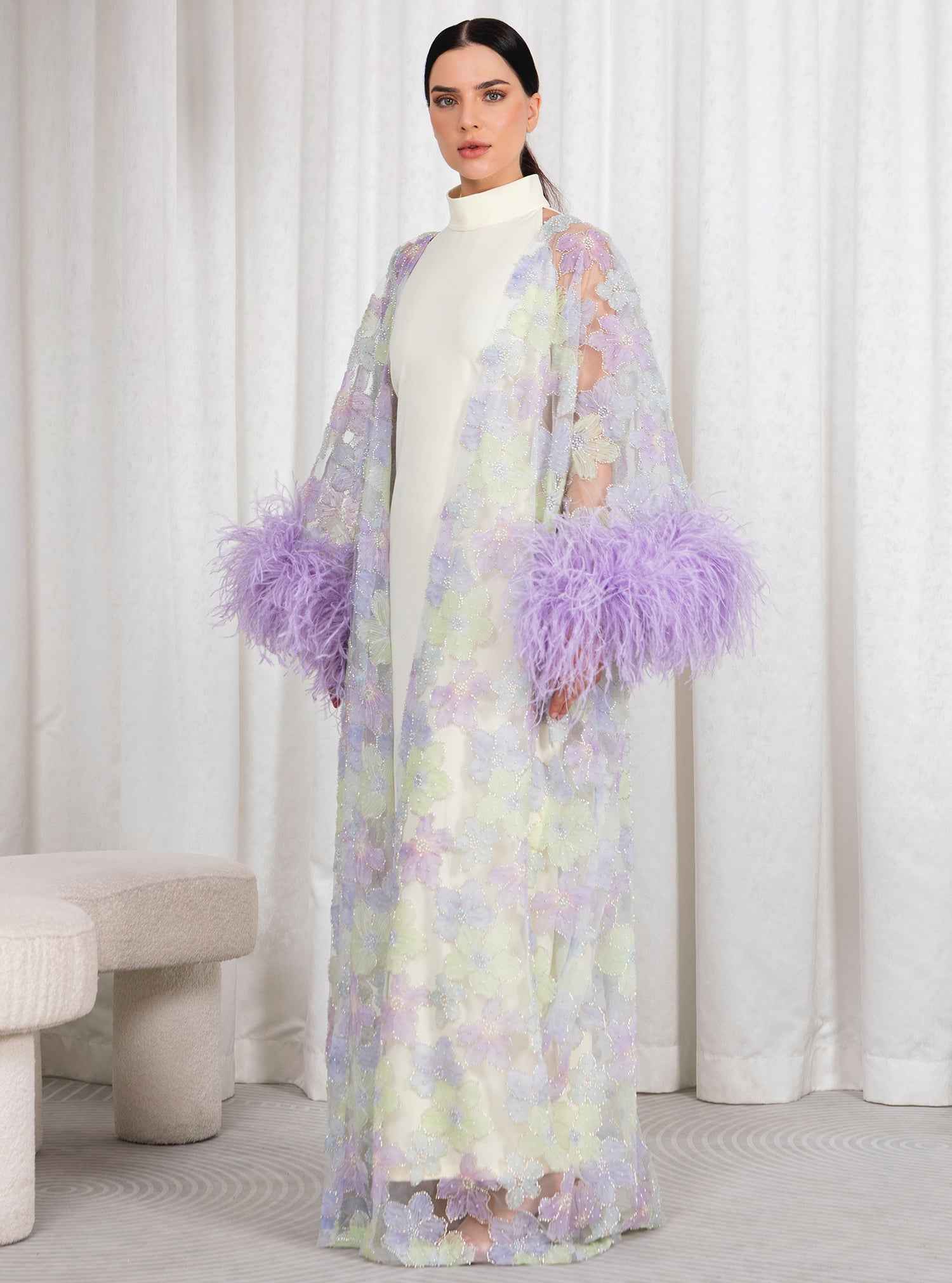 Orchid-KTN042 – Chantilly Lace Two-Piece Caftan with Luxurious Italian Silk