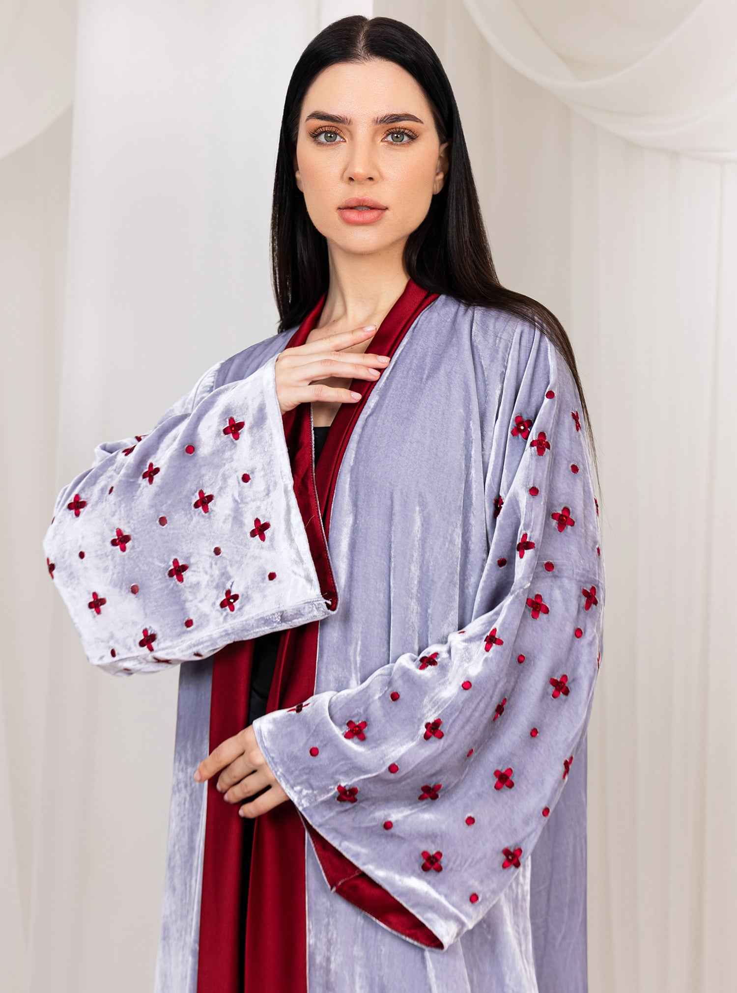 Crimson-ABY038 – Velvet Abaya with Satin Front & Hand-Embellished Sleeves