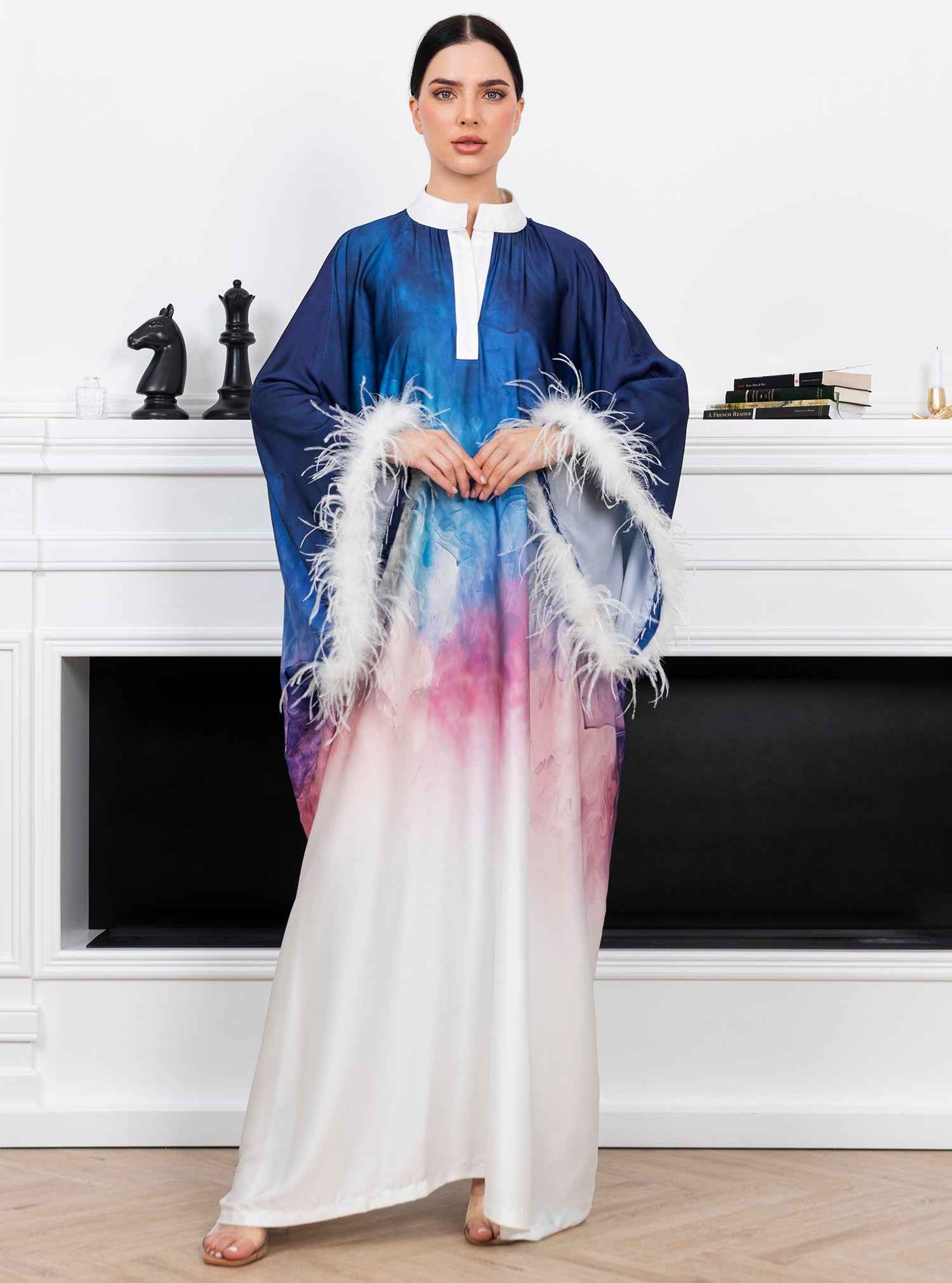 Pearl-KTN037 – Ombre Silk Satin Kaftan with Signature Feathered Elegance