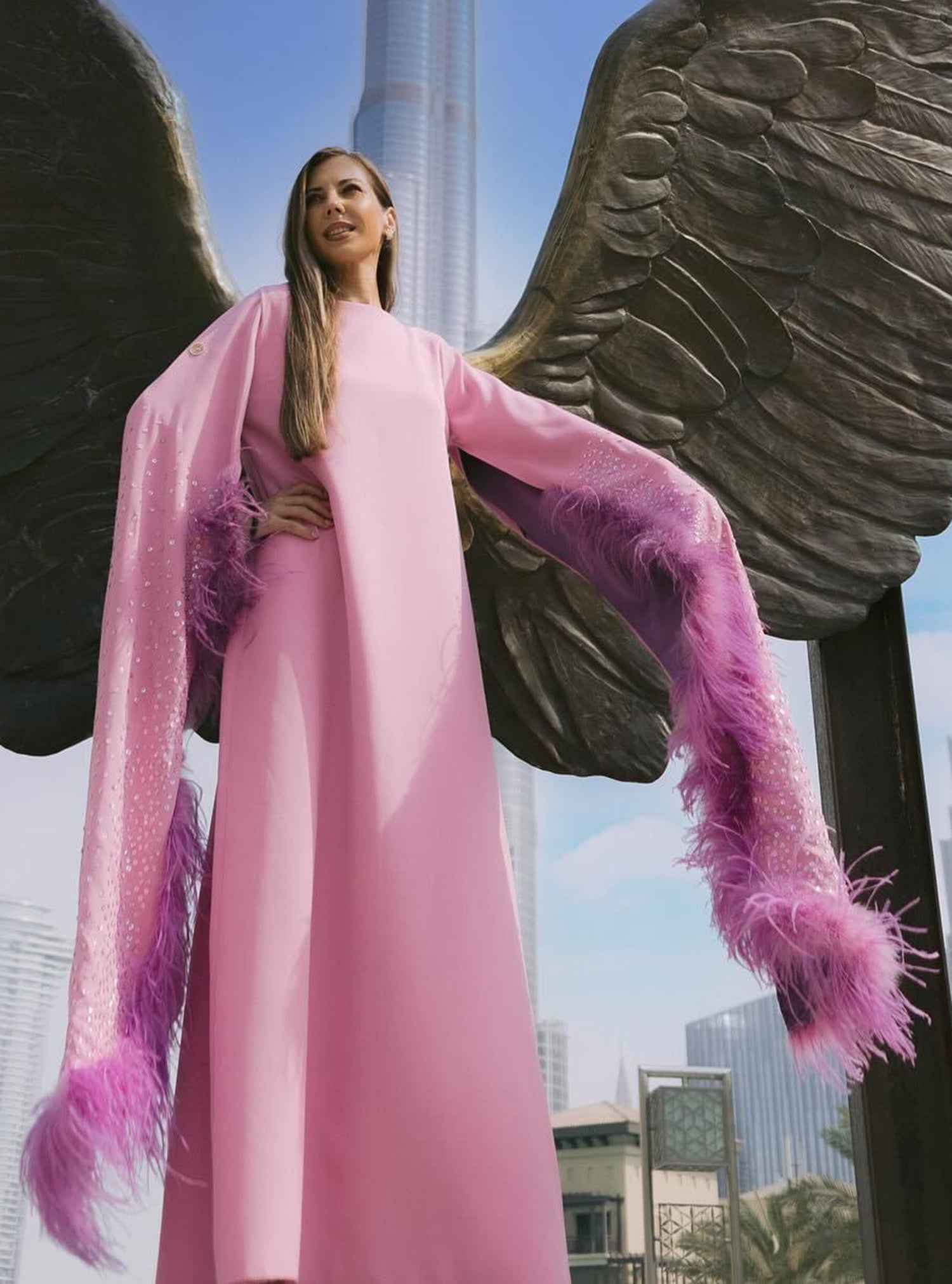 Butterfly-DRS04 – Contemporary Caftan with Luxe Feathered Couture Sleeves