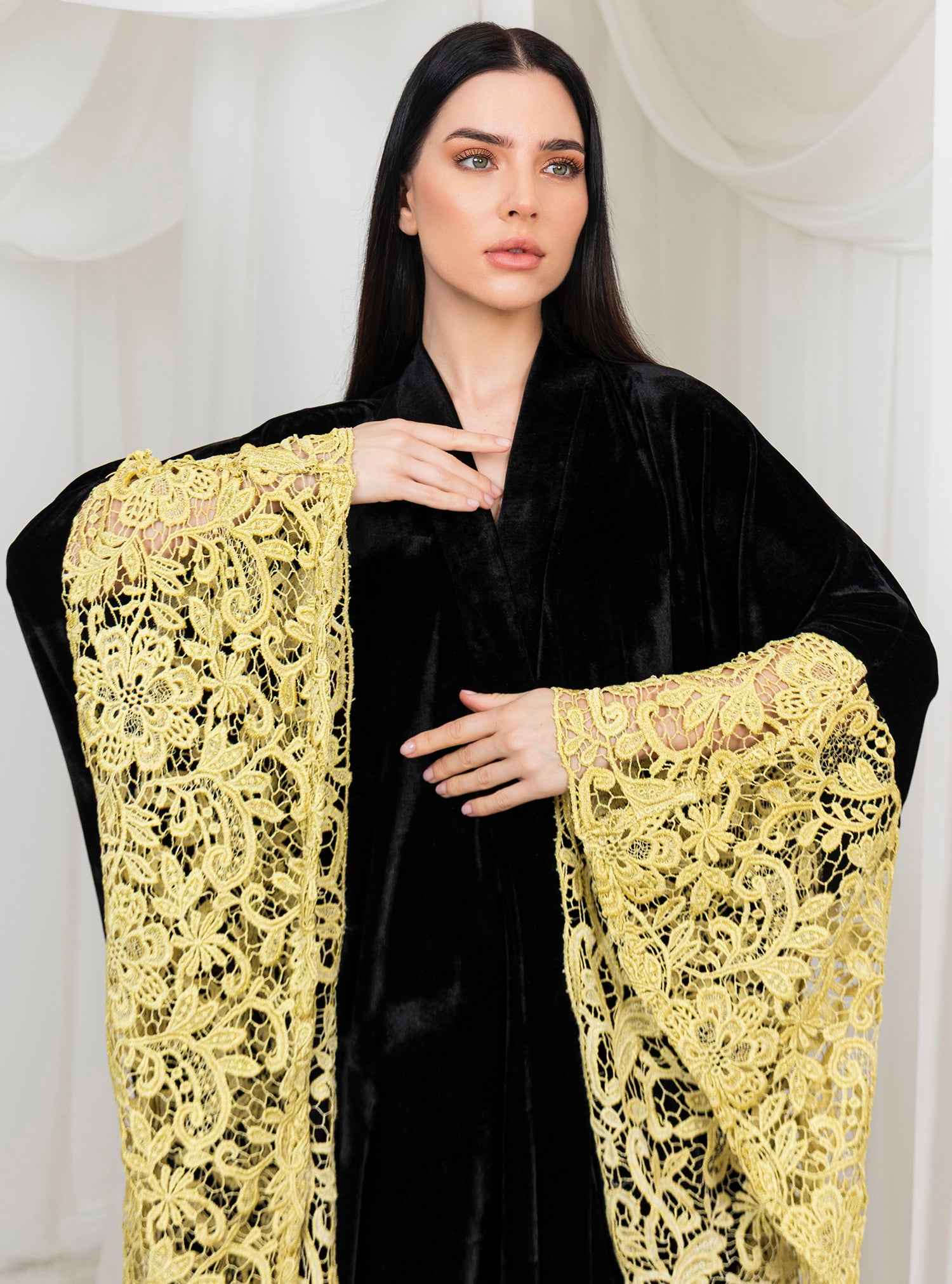 Royal-ABY036 – Black Japanese Velvet Abaya with Majestic Yellow Lace Draping