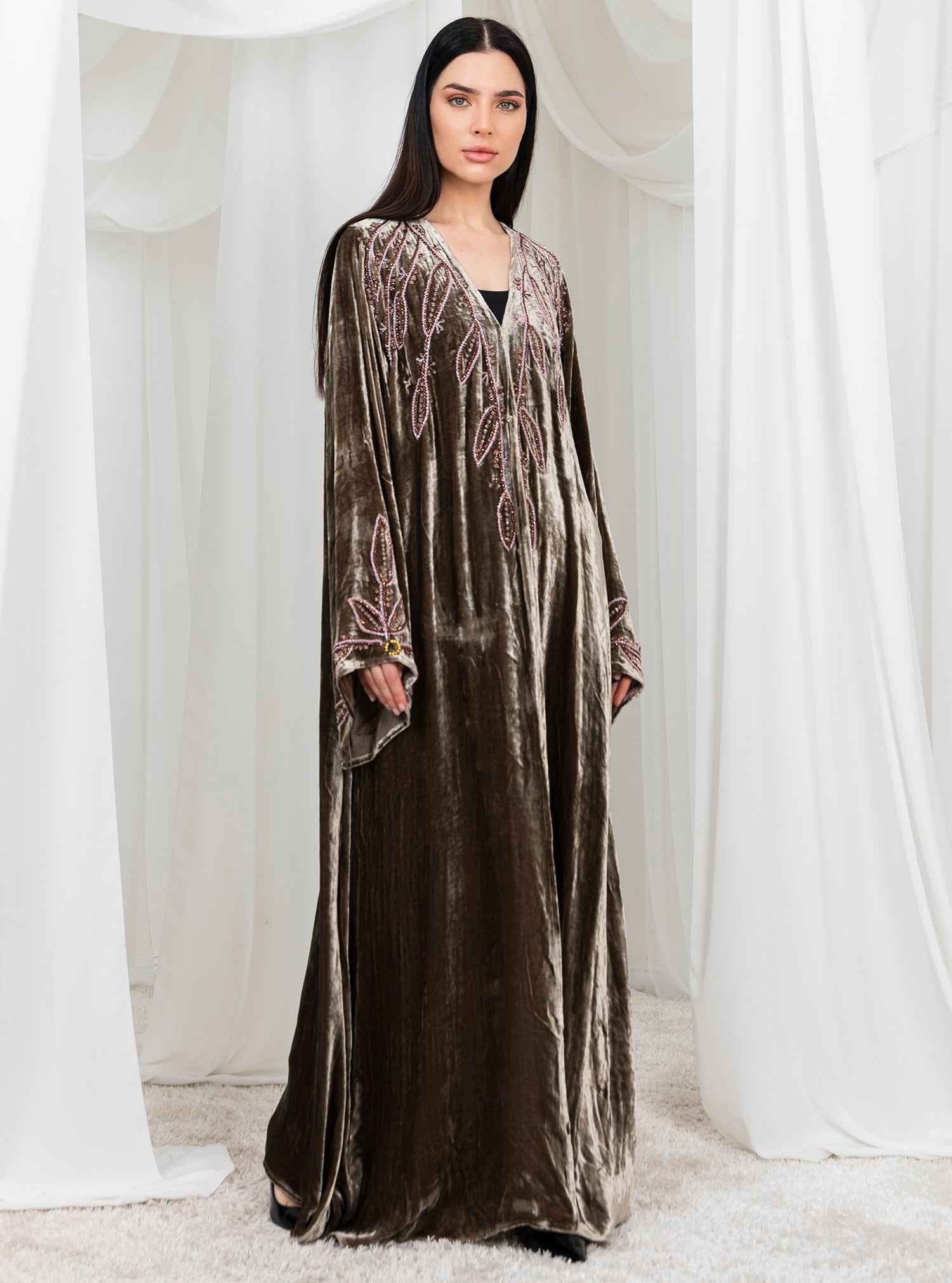 Opal-ABY040 – Hand-Embroidered Velvet Abaya with Exquisite Beadwork Accents