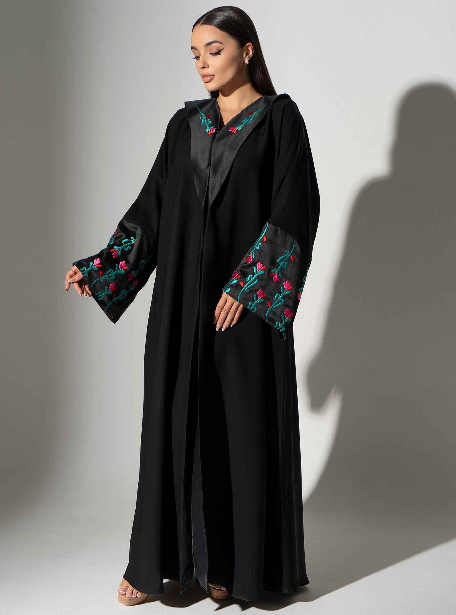 Lalazar-ABY024 – Black Abaya with Elegant Floral Embroidered Cuffs