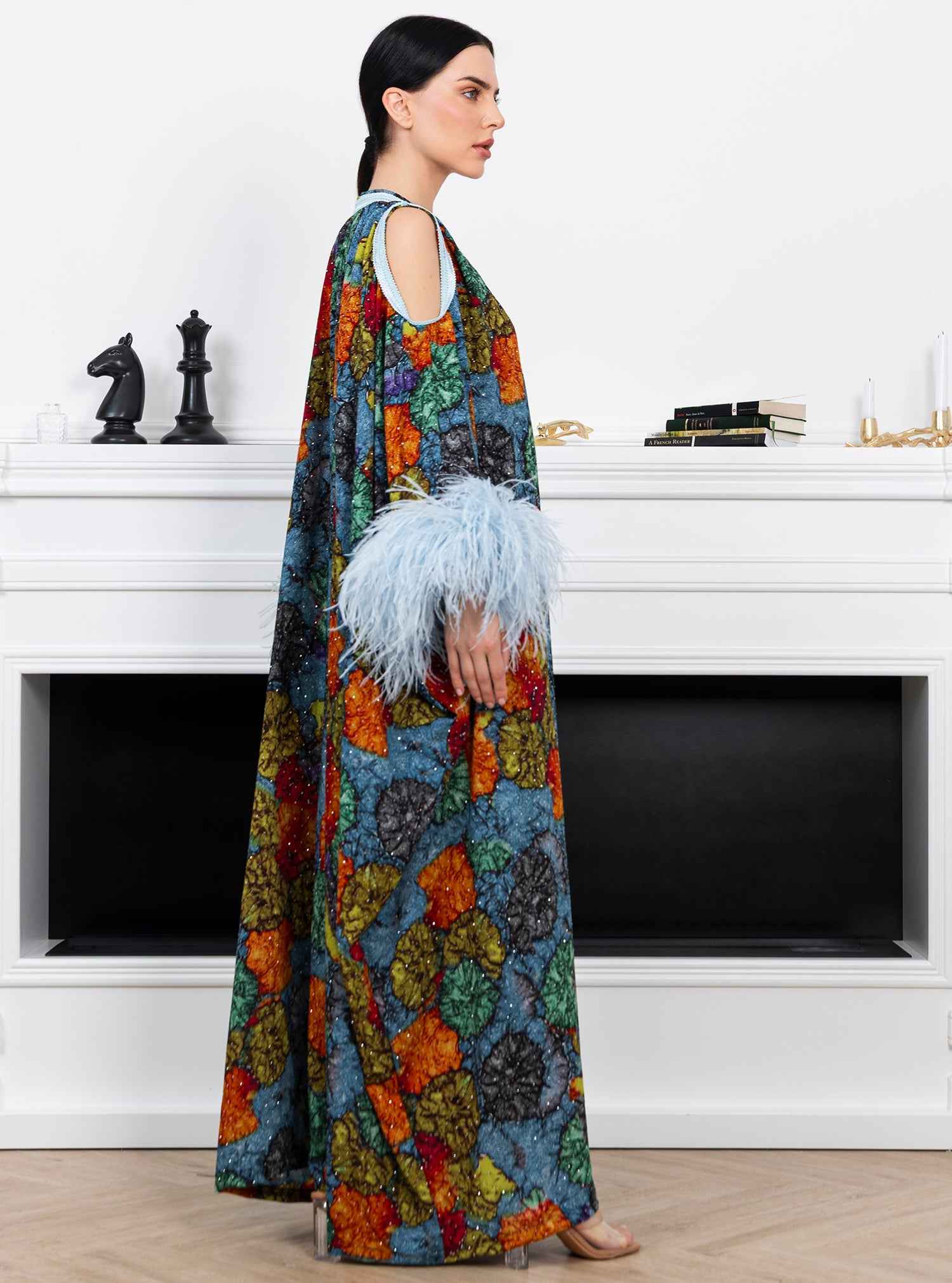 Macaw-KTN048 – Open-Shoulder Cashmere Kaftan with Statement Feathers