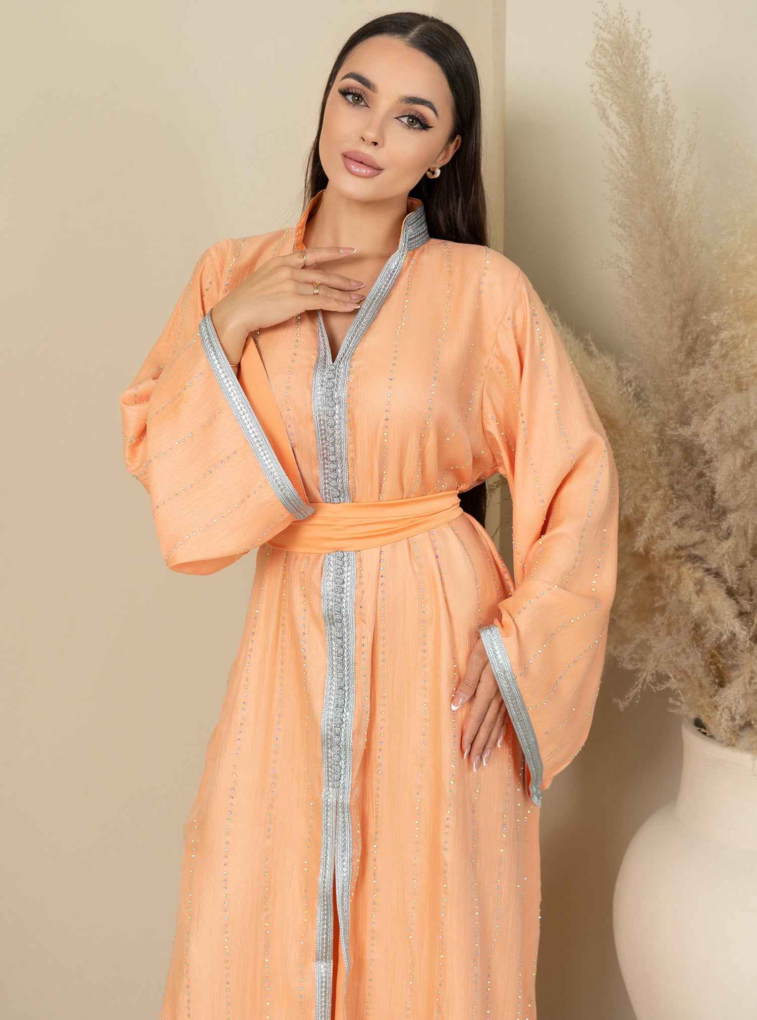 Peach-KTN027 – Radiant Peach Kaftan with Silver Embellished Details & Elegant Flowing