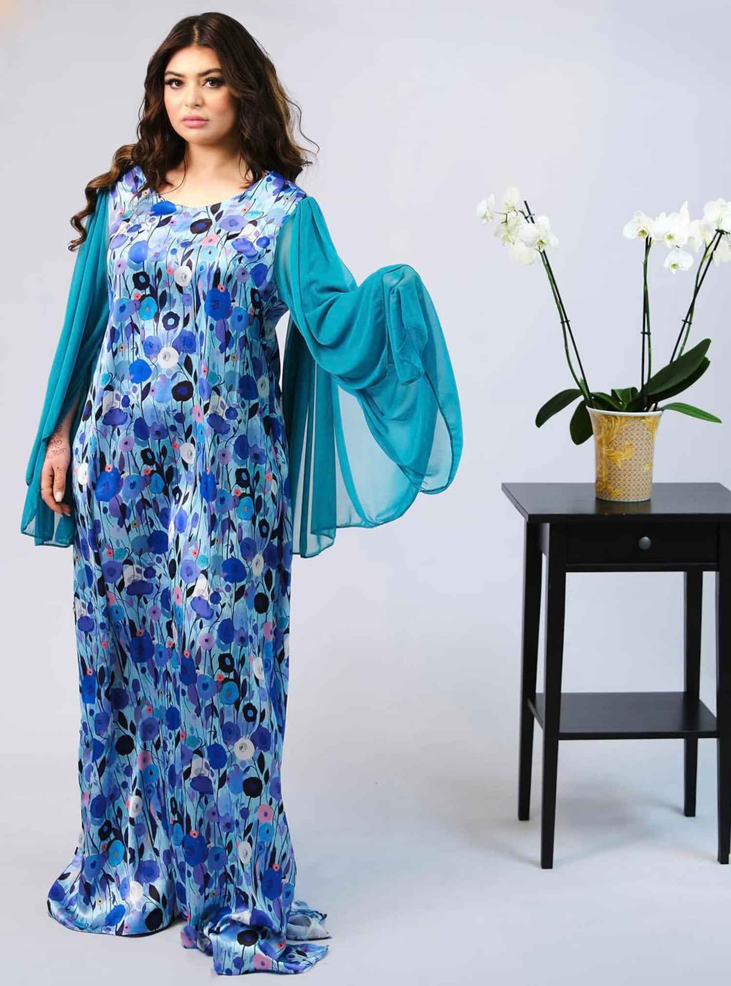 Blue-KTN011 – Vibrant Mukhawar with Flowing Cape Sleeves in Blue Tones