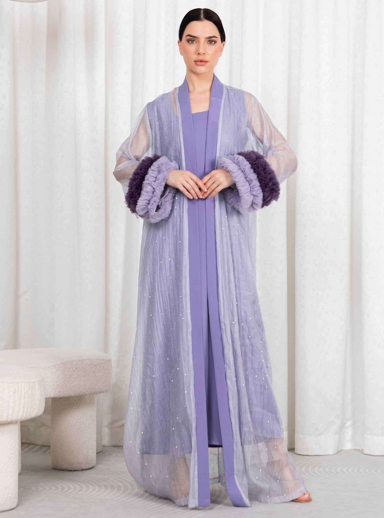 Lily-KTN035 – Two-Piece Lilac Abaya with Artful Feathered Sleeves & Sheer Elegant Overlay