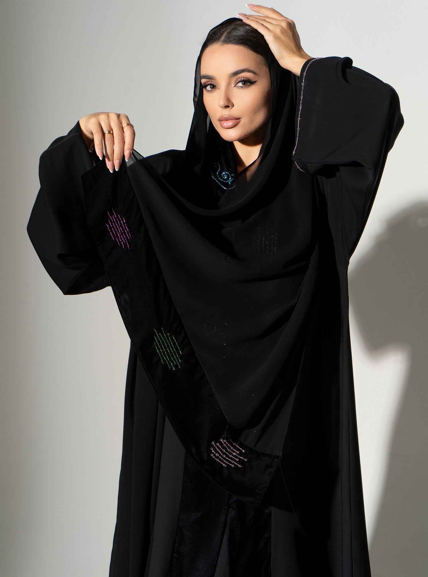 Jet-ABY021 – Black Crepe & Chiffon Abaya with Hand-Embroidered Multicolor Detail