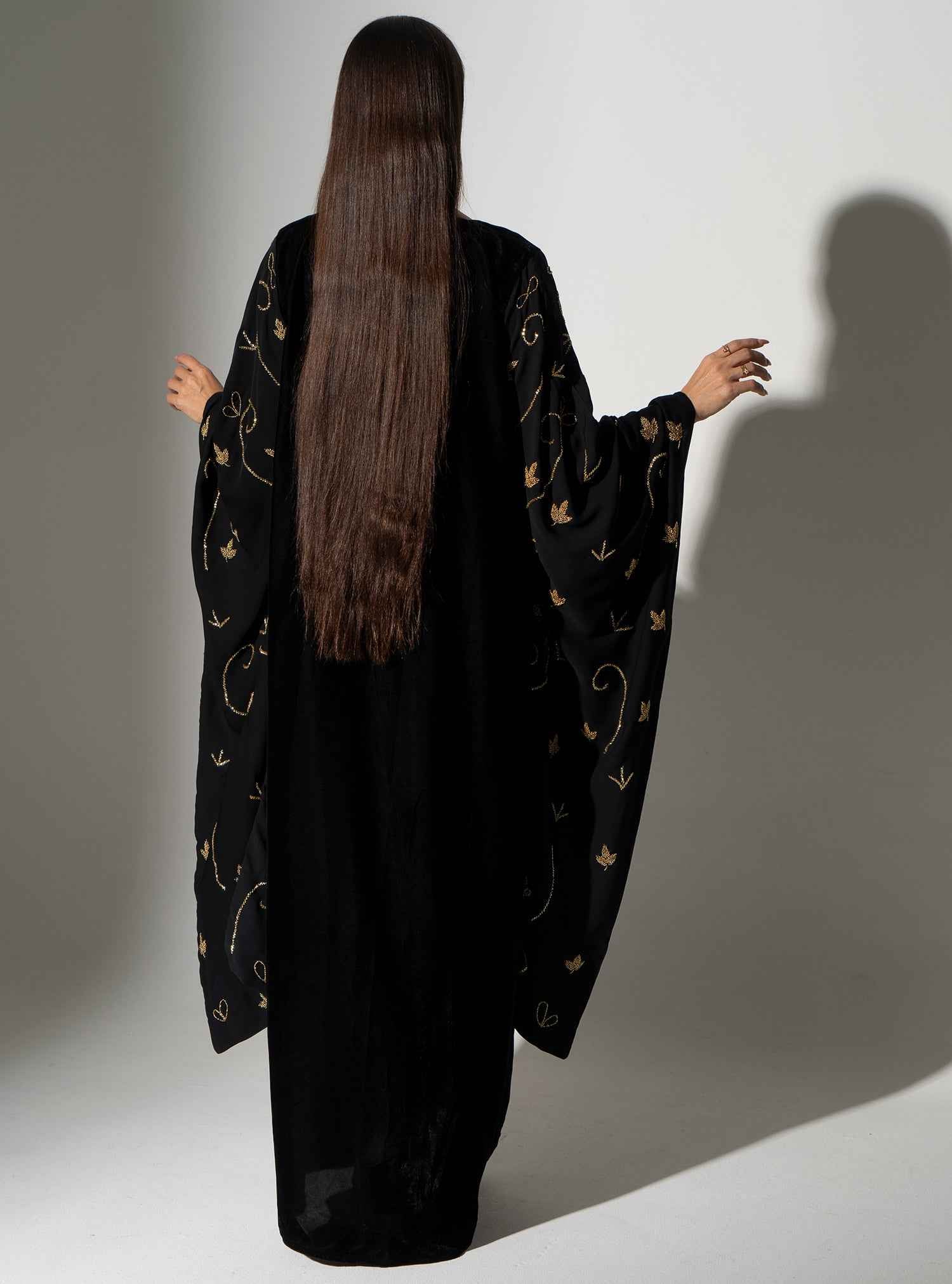 Eclipse ABY026 – Black Crepe & Chiffon Abaya With Golden Embroidered Detailing