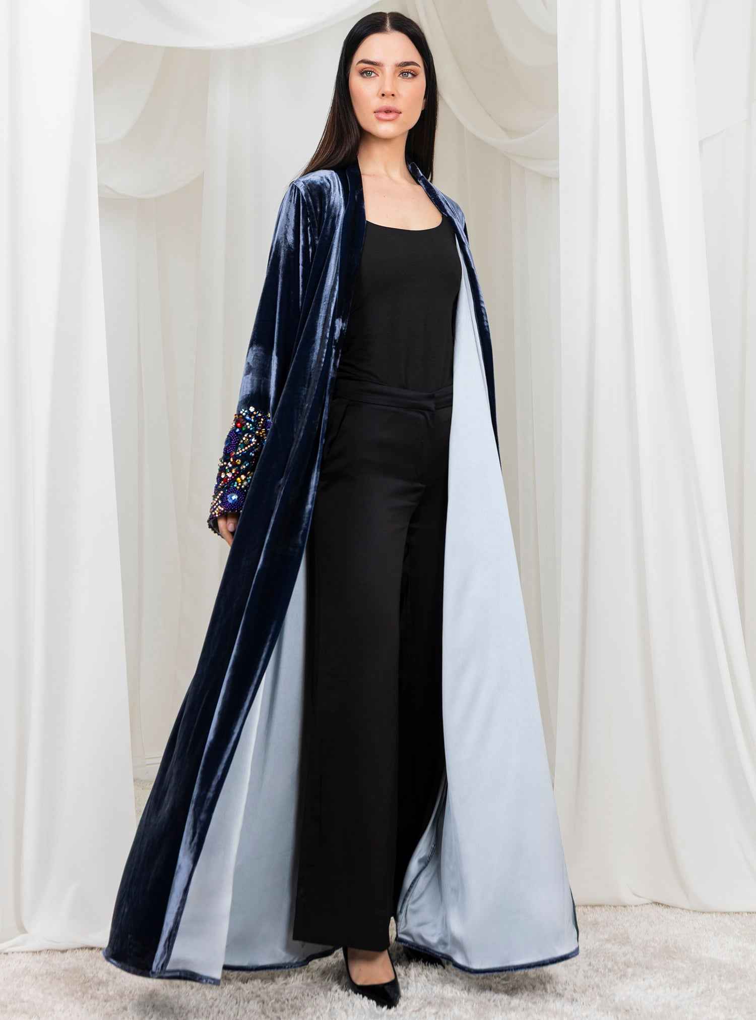 Bling-ABY039 – Ghost Grey Japanese Velvet Abaya with Hand-Embellished Beaded Sleeves