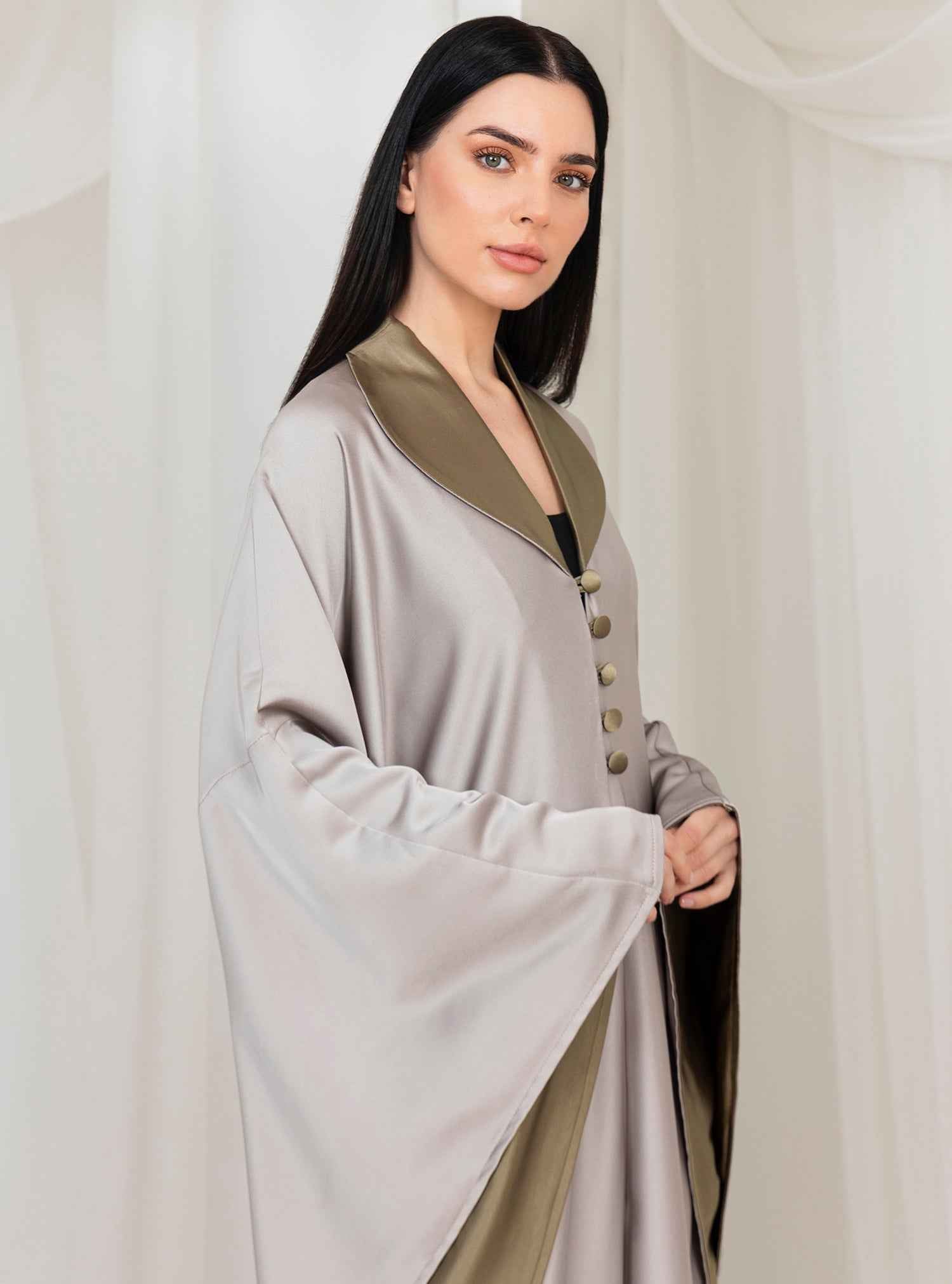 Tan-KTN051 – Satin Kaftan with Front Button Detailing & Refined Contrast Accents