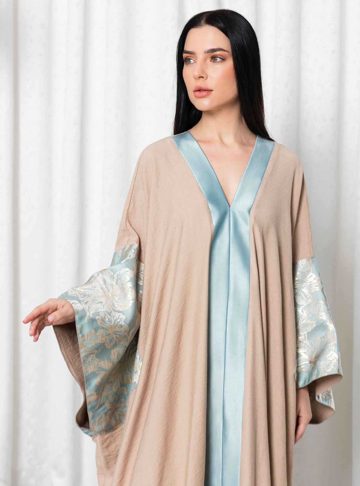 Aqua-KTN050 – Elegant Linen Kaftan with Serene Aqua Panels & Soft Embossed Sleeves