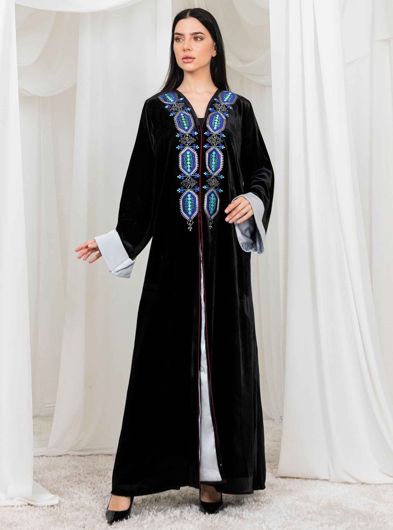 Stella-ABY031 – Black Velvet Abaya with Hand Embroidery & Satin-White Statement Sleeves