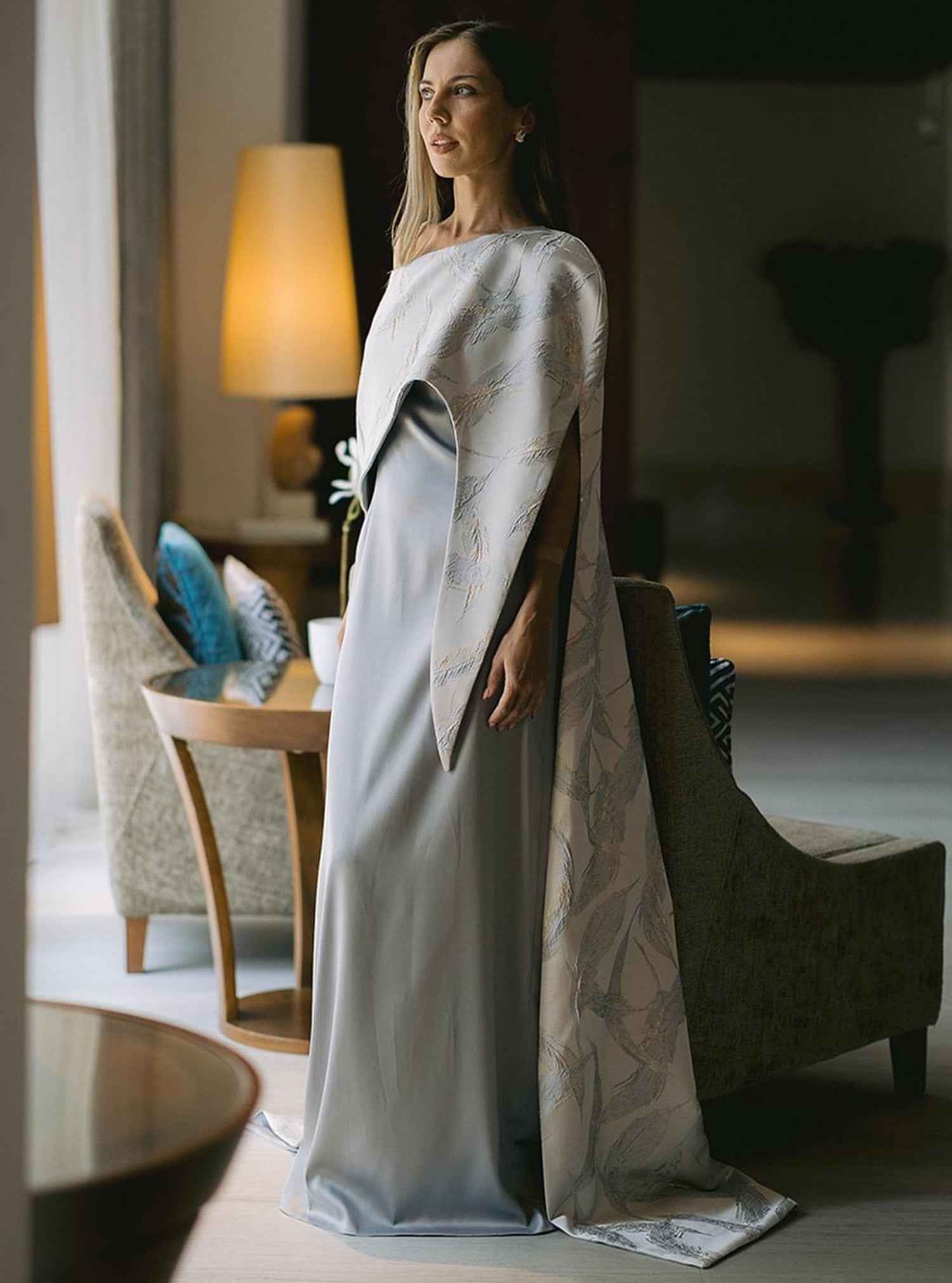 Dolphin-DRS005 – Elegant Grey 2-Piece Satin Dress with Detachable Cape