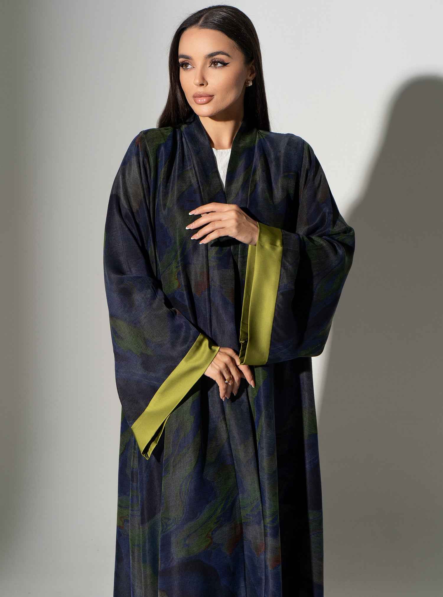 Dido ABY033 – Navy Textured Abaya With Olive Satin Lining