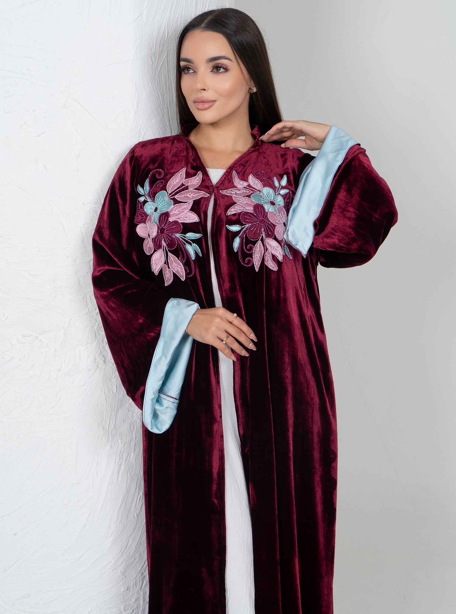 Garnet-ABY035 – Maroon Velvet Abaya with Sky-Blue Satin Lining & Floral Hand Embroidery
