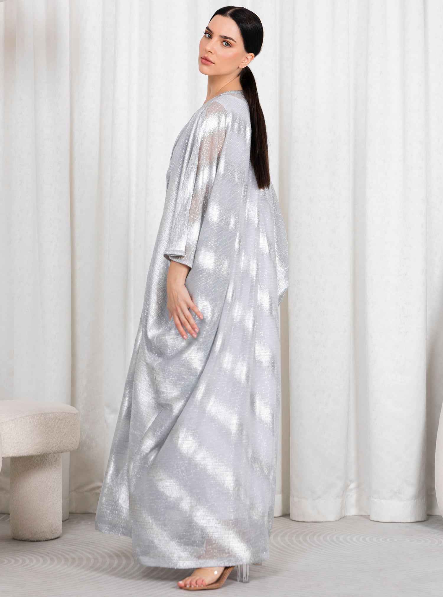 Metal-KTN045 – Silver Mesh Kaftan with Crystal-Embellished Waist Detail