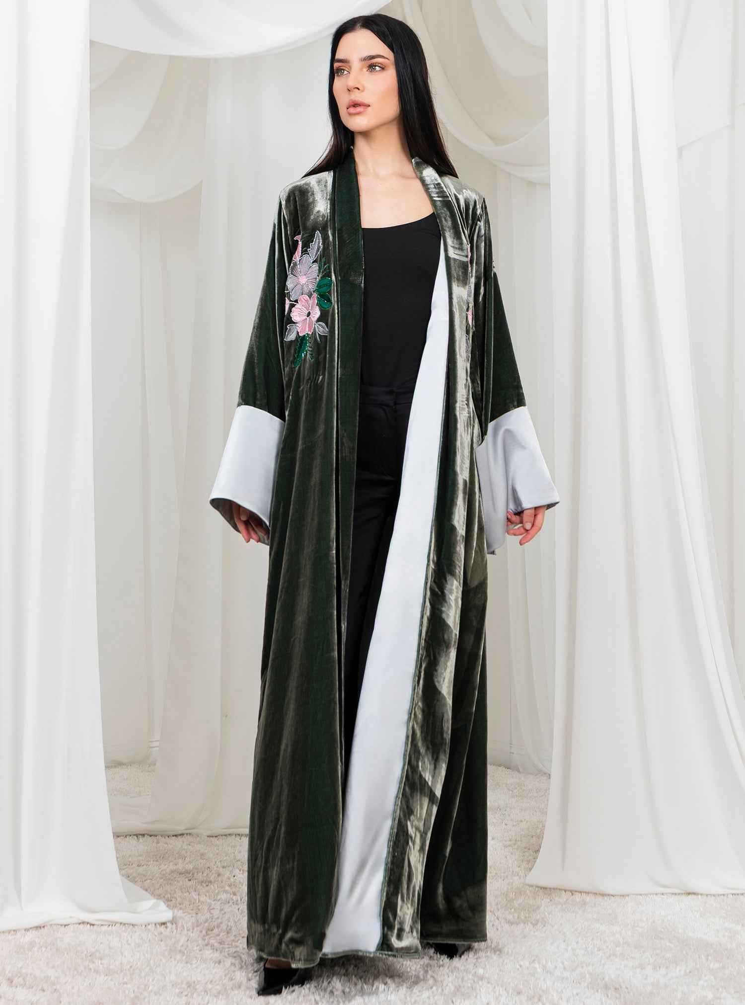 Peony-ABY029 – Olive Japanese Velvet Abaya with Intricate Peony Embroidery