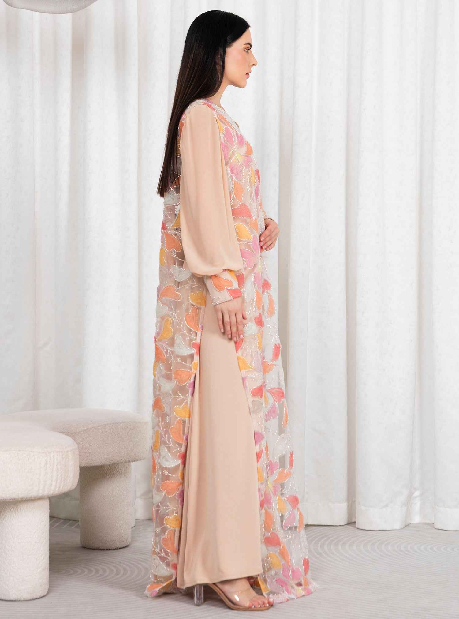 Coral-KTN043 – Peach Italian Silk Two-Piece Caftan with Soft Chantilly Lace