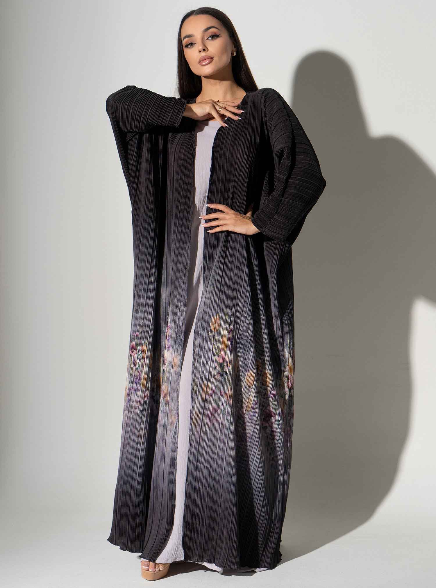 Rustic-ABY032 – Two-Piece Pleated Abaya with Artistic Engraved Floral Detailing