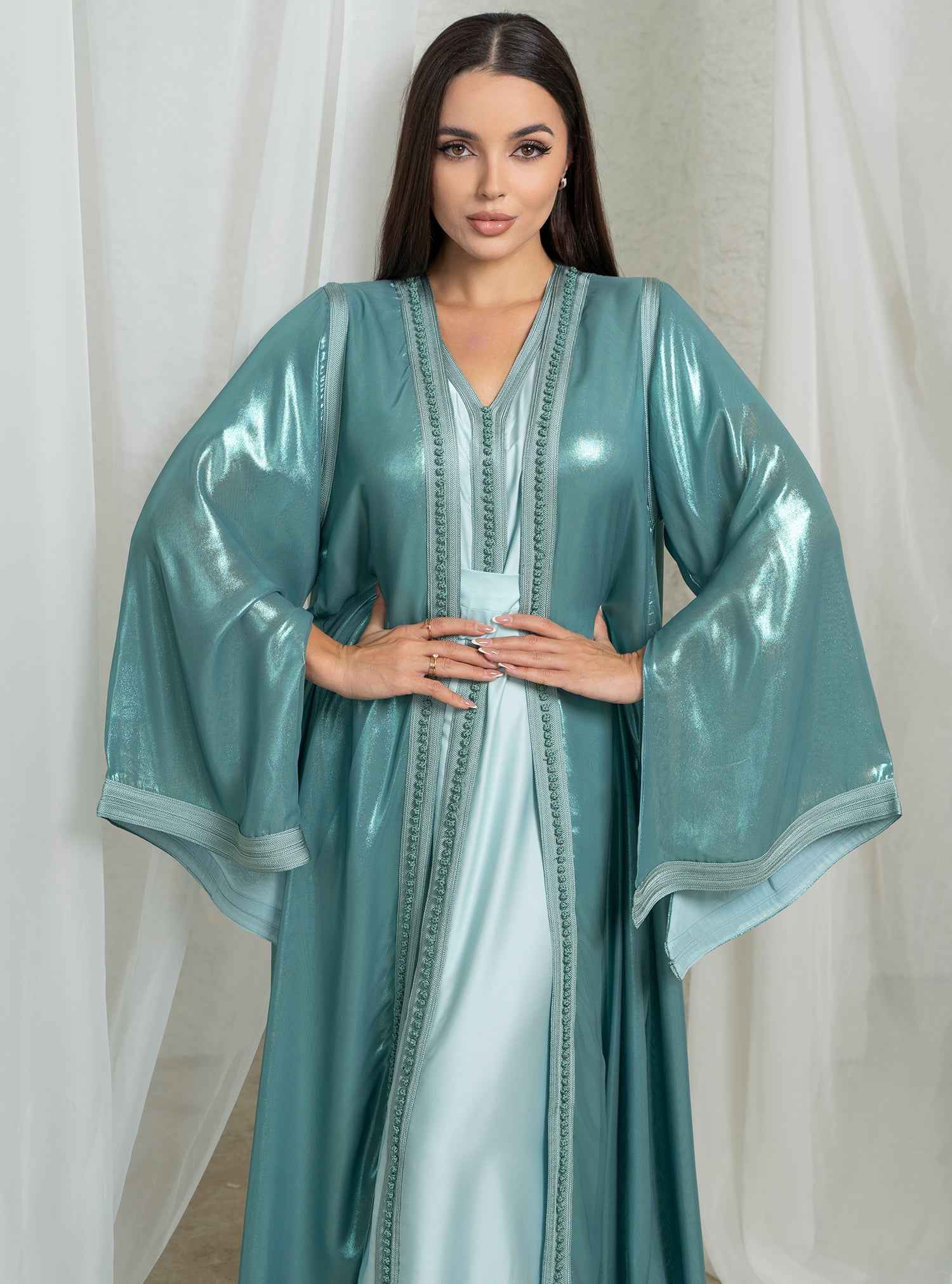 Mint-KTN025 – Vibrant Turquoise Two-Piece Kaftan with Glossy Cape & Elegant Sleeve Slit