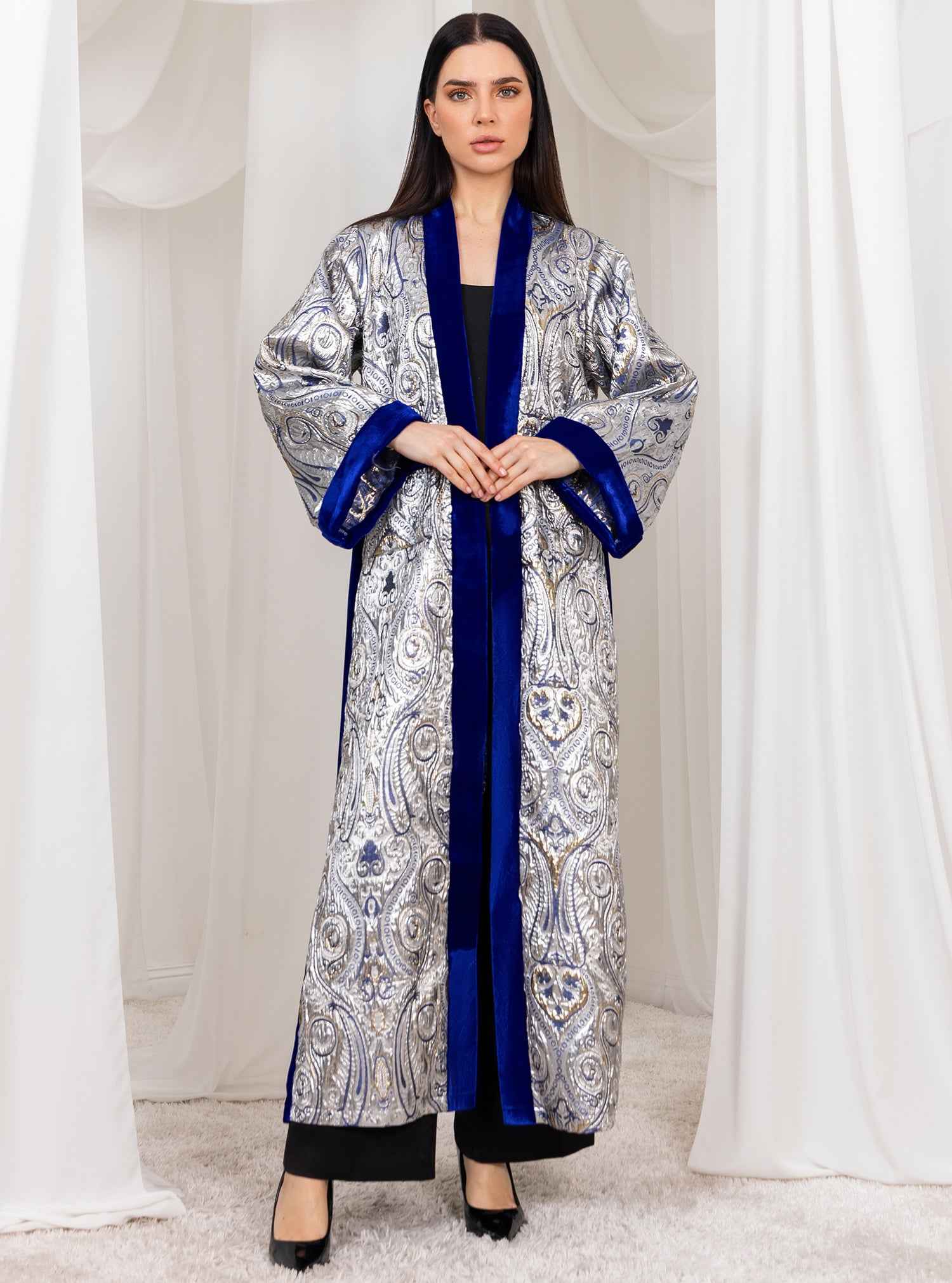 Dusk-ABY037 – Silver Jacquard Abaya with Royal Blue Accents