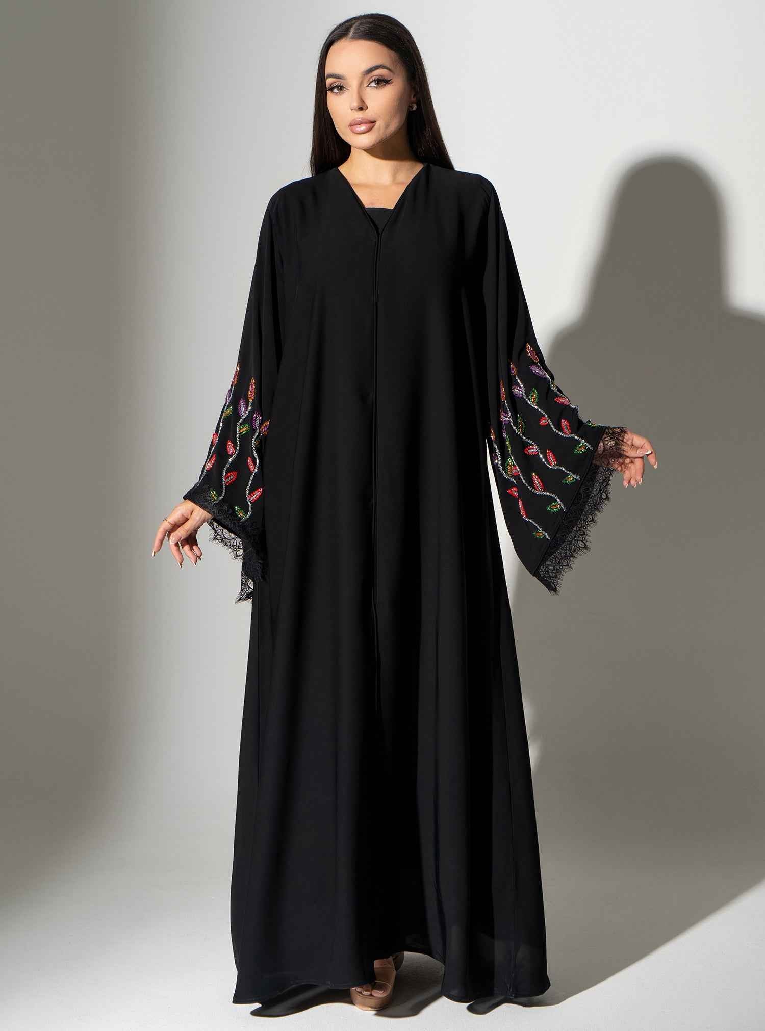 Sapphire-ABY025 – Black Japanese Crepe Abaya with Multicolor Handwork & Matching Headscarf