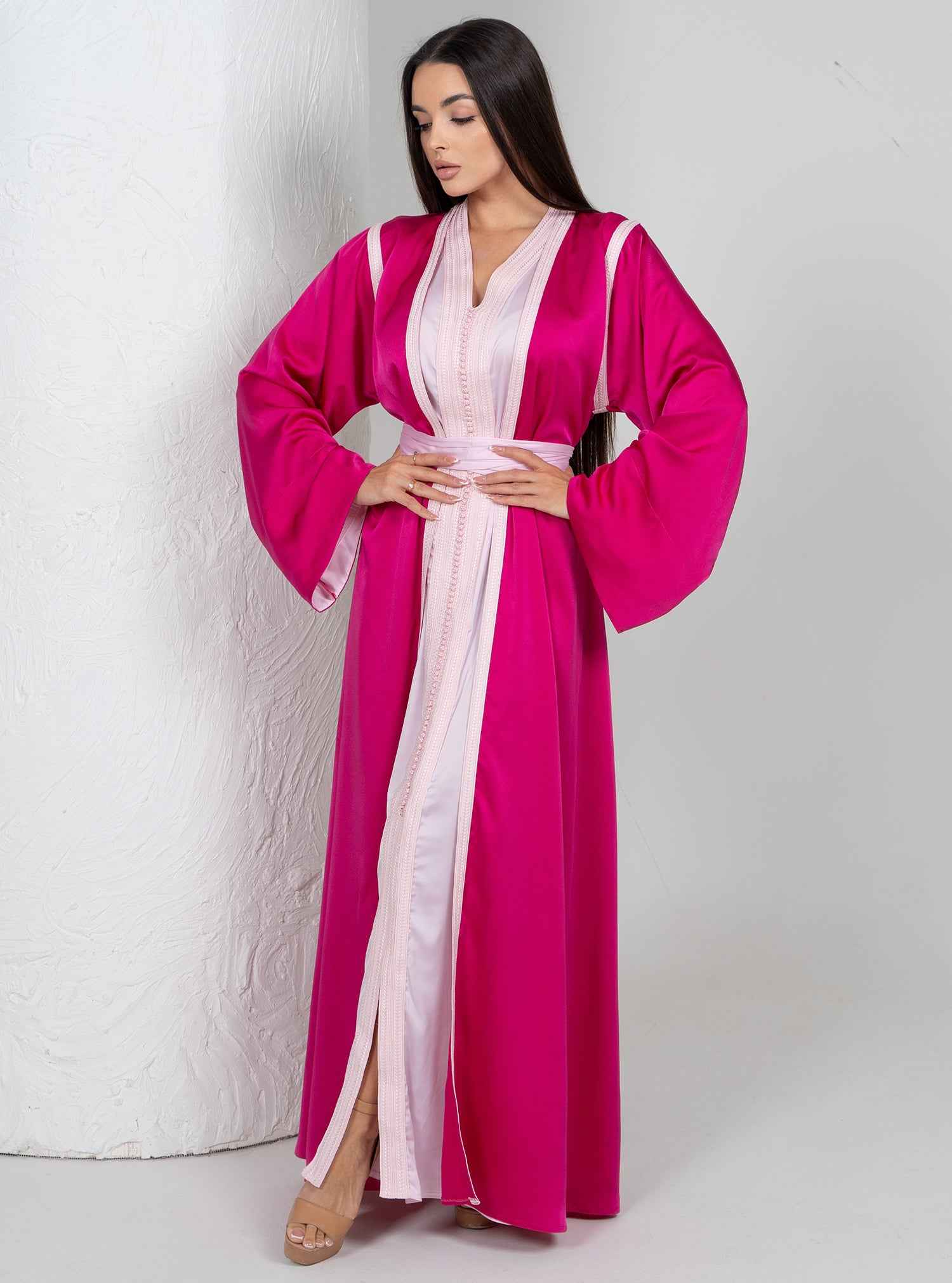 Flora KTN024 – Pink & Crimson Bahraini Silk Kaftan With Soft Blush Detailing