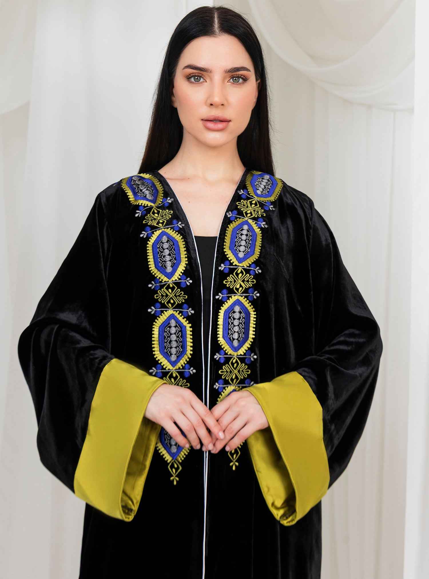Canary-ABY030 – Velvet Abaya with Satin Sleeves & Handcrafted Embellished Details