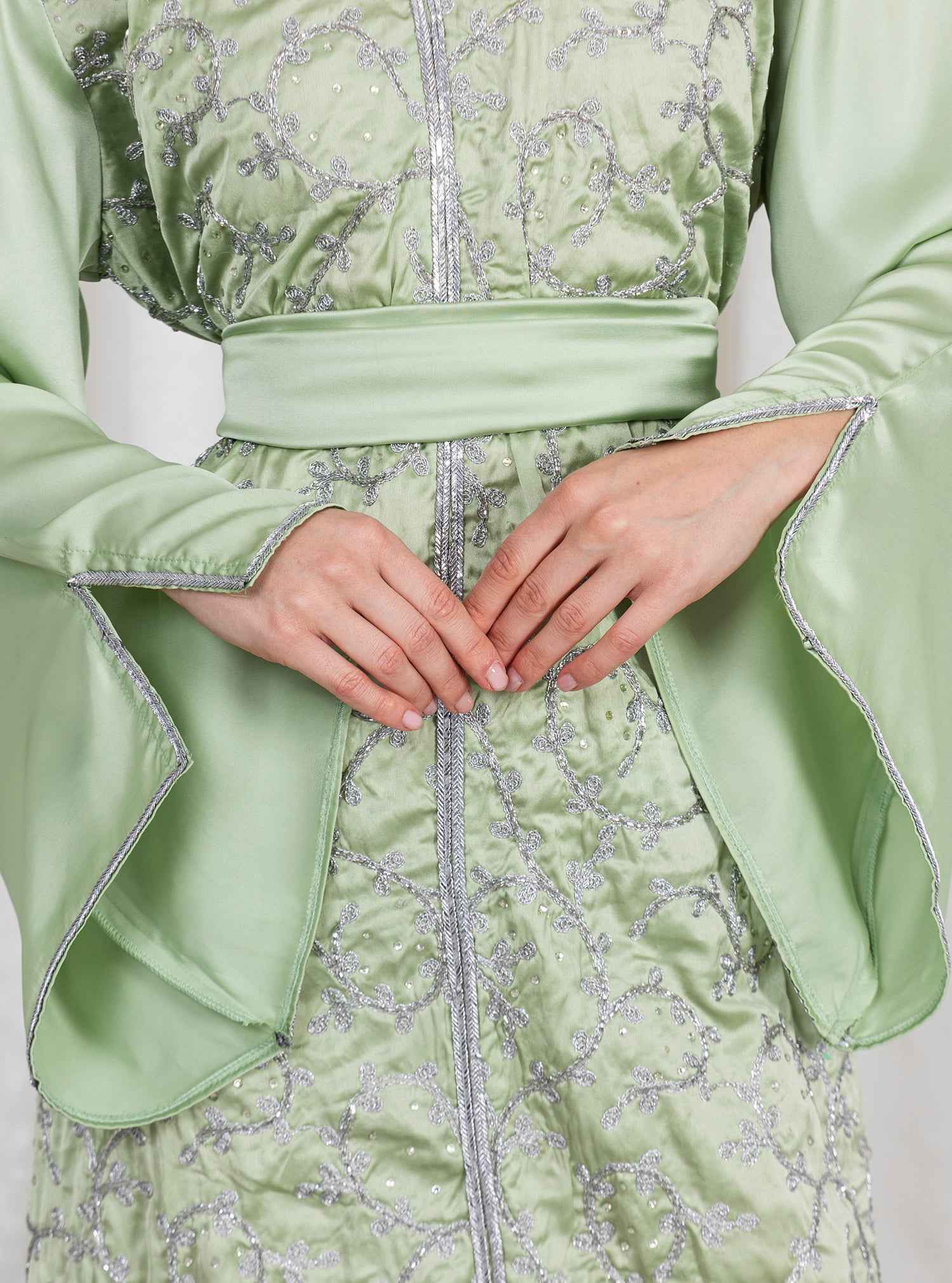 Moss-KTN039 – Pistachio Silk Kaftan with Intricate Textured Design