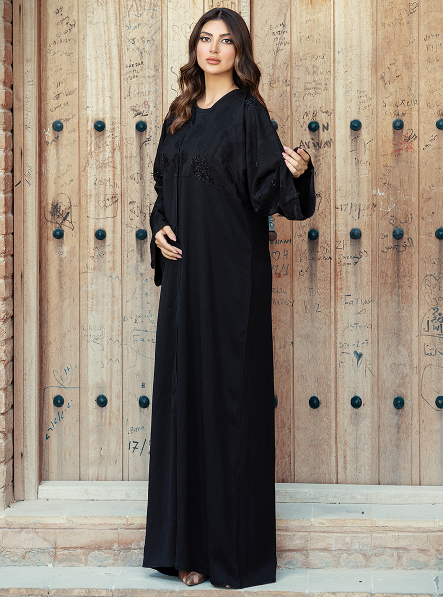 Coal-ABY017 – Classic Black Abaya with Intricate Embroidery & Subtle Sparkling Details - BAZZAZ COUTURE GARMENTS L.L.C