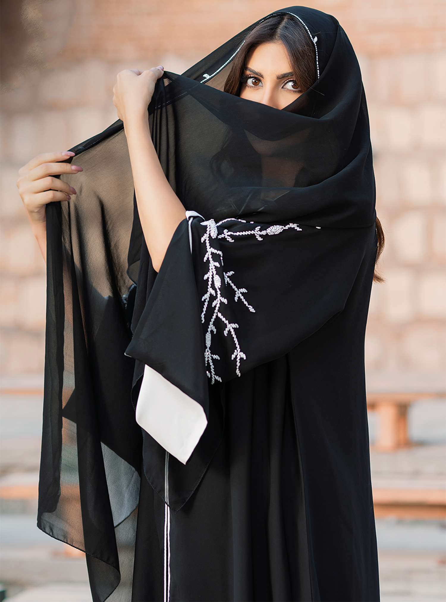 Onyx-ABY018 – Elegant Black Abaya with White Piping & Embroidered Headscarf - BAZZAZ COUTURE GARMENTS L.L.C
