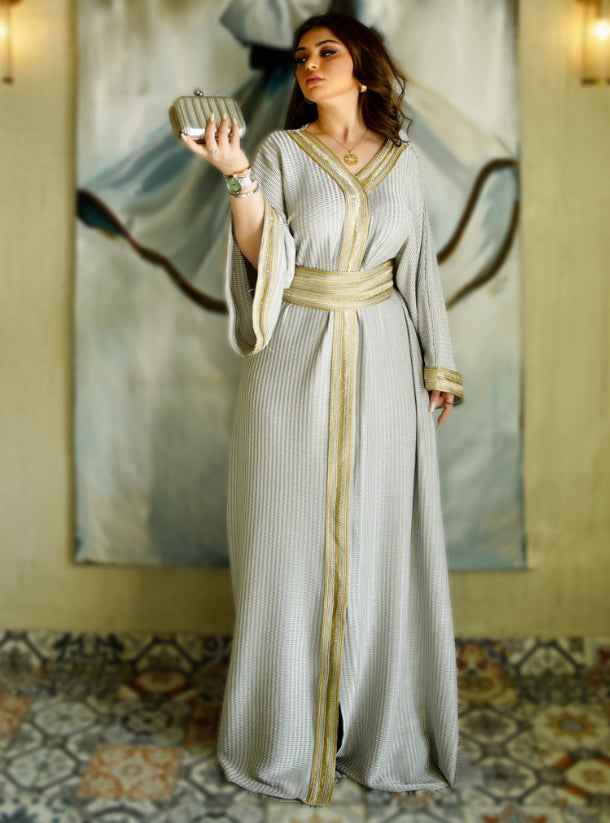 Silver-KTN019 - Sleek Silver Spandex Kaftan with Golden Detailing