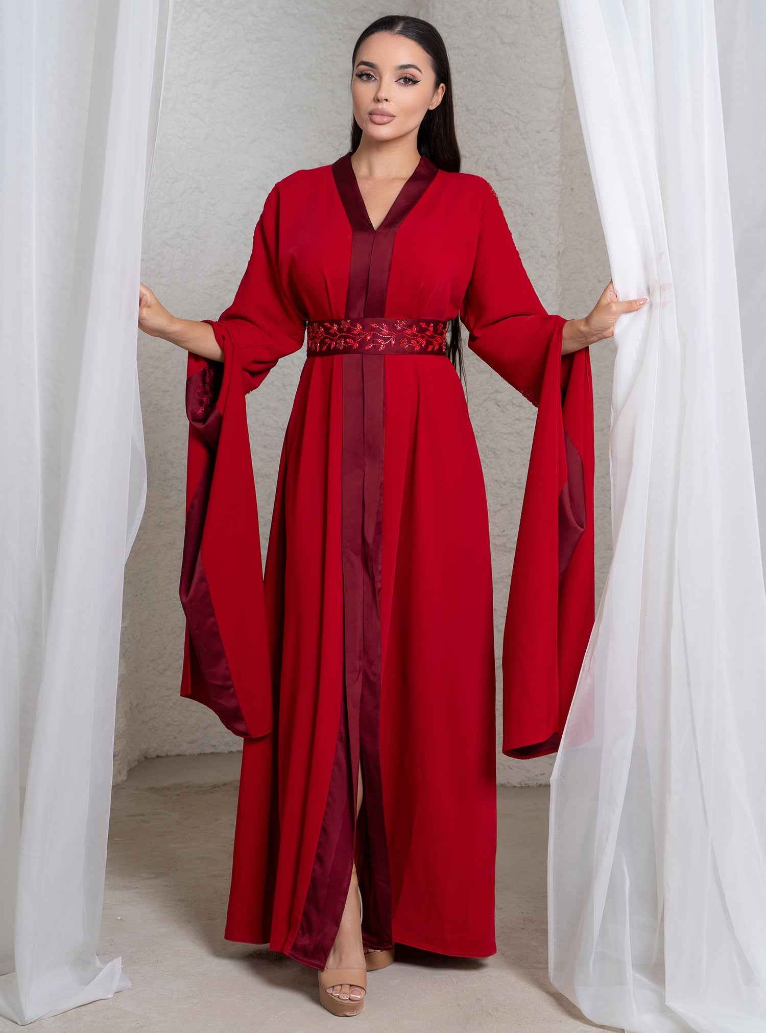 Ruby KTN029 – Elegant Red Kaftan with Handcrafted Beadwork Detailing