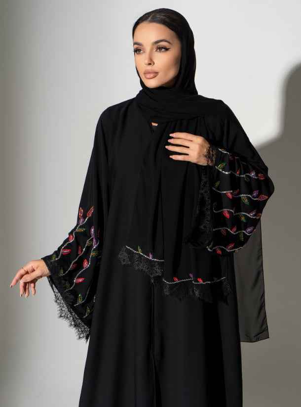 Sapphire-ABY025 – Black Japanese Crepe Abaya with Multicolor Handwork & Matching Headscarf