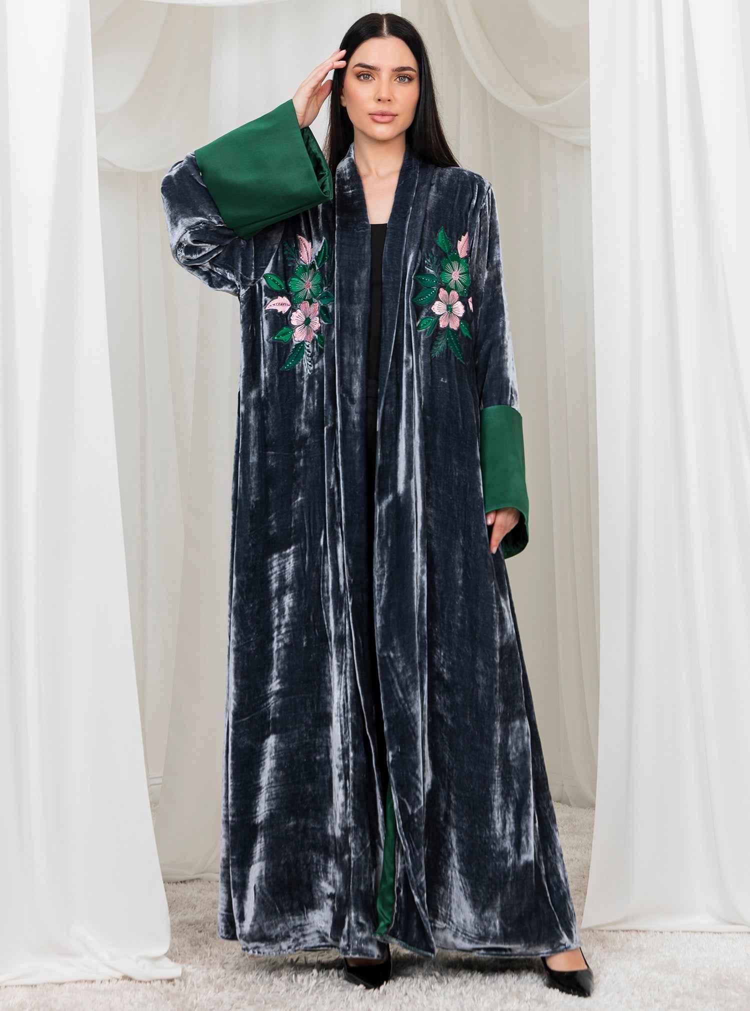 Sable-ABY028 – Grey Japanese Velvet Abaya with Intricate Front Embroidery