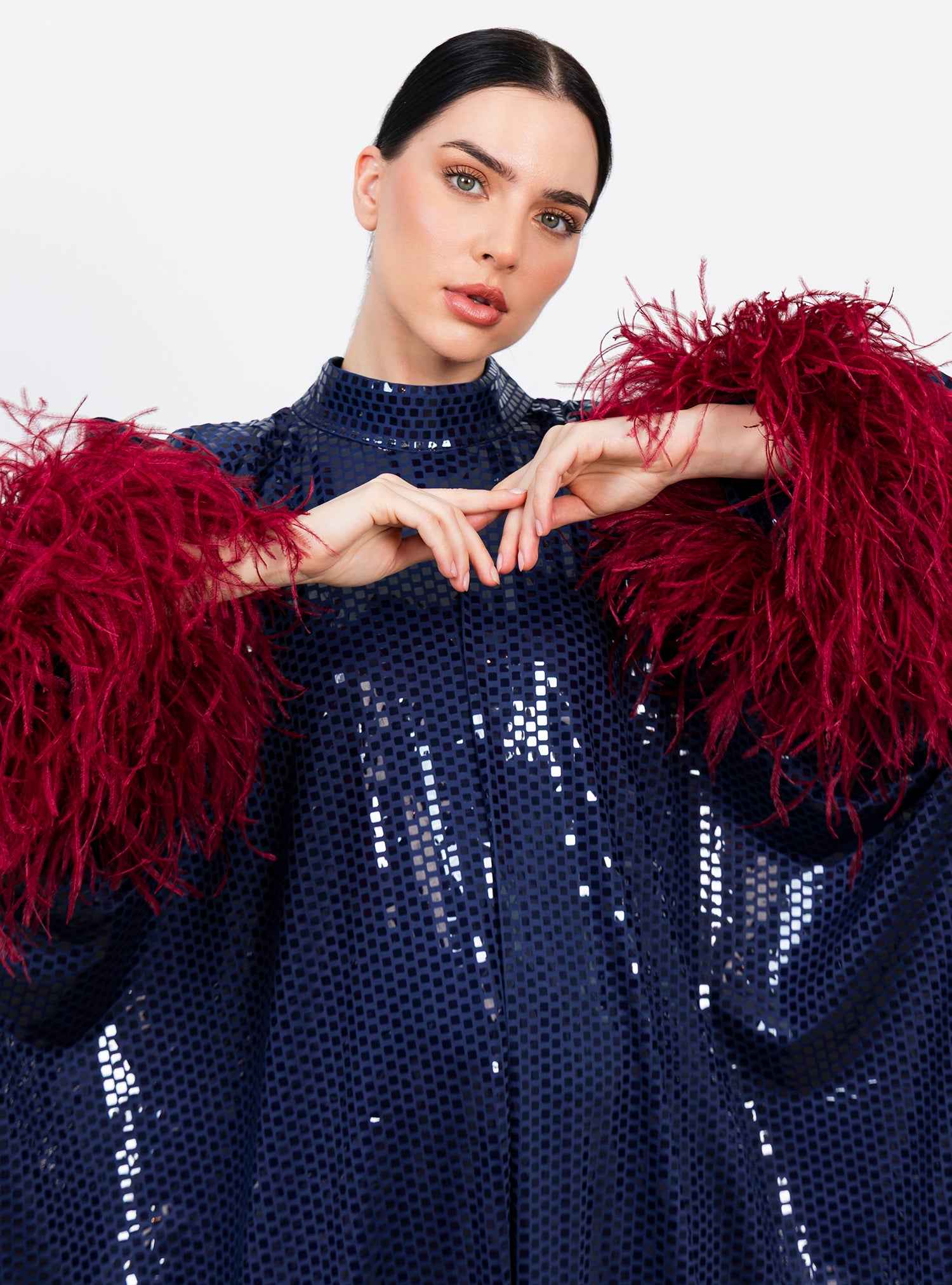 Berry-KTN036 – Navy Sequin Kaftan with Luxe Feather Detailing