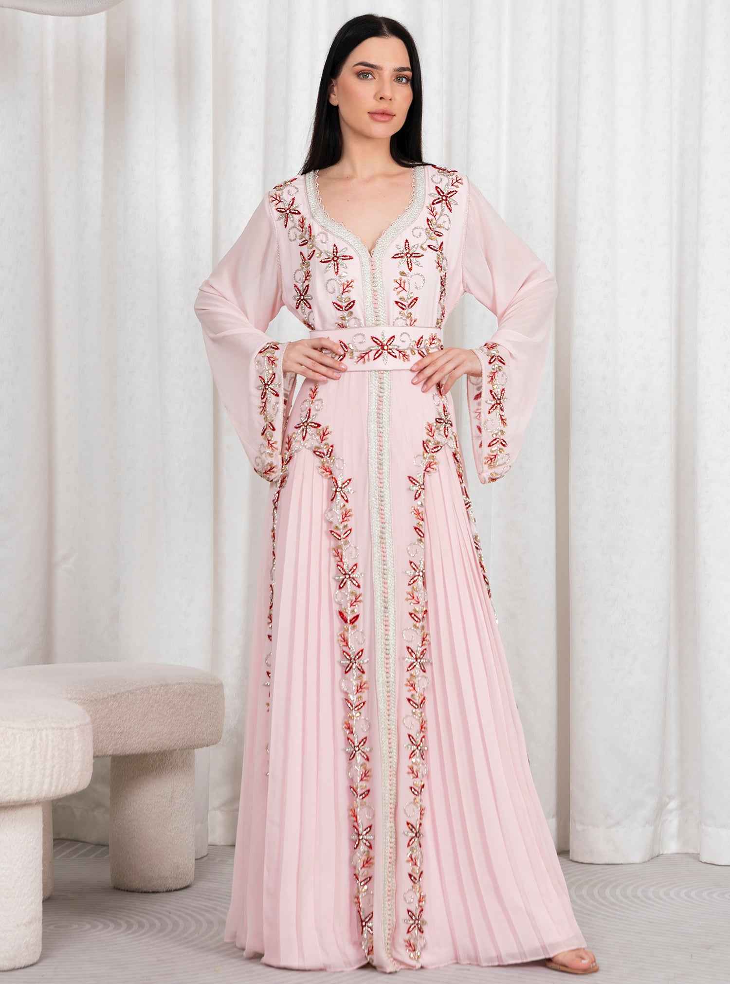 Cotton-KTN022 – Moroccan French Chiffon Kaftan Fully Embellished with Exquisite Hand Embroidery