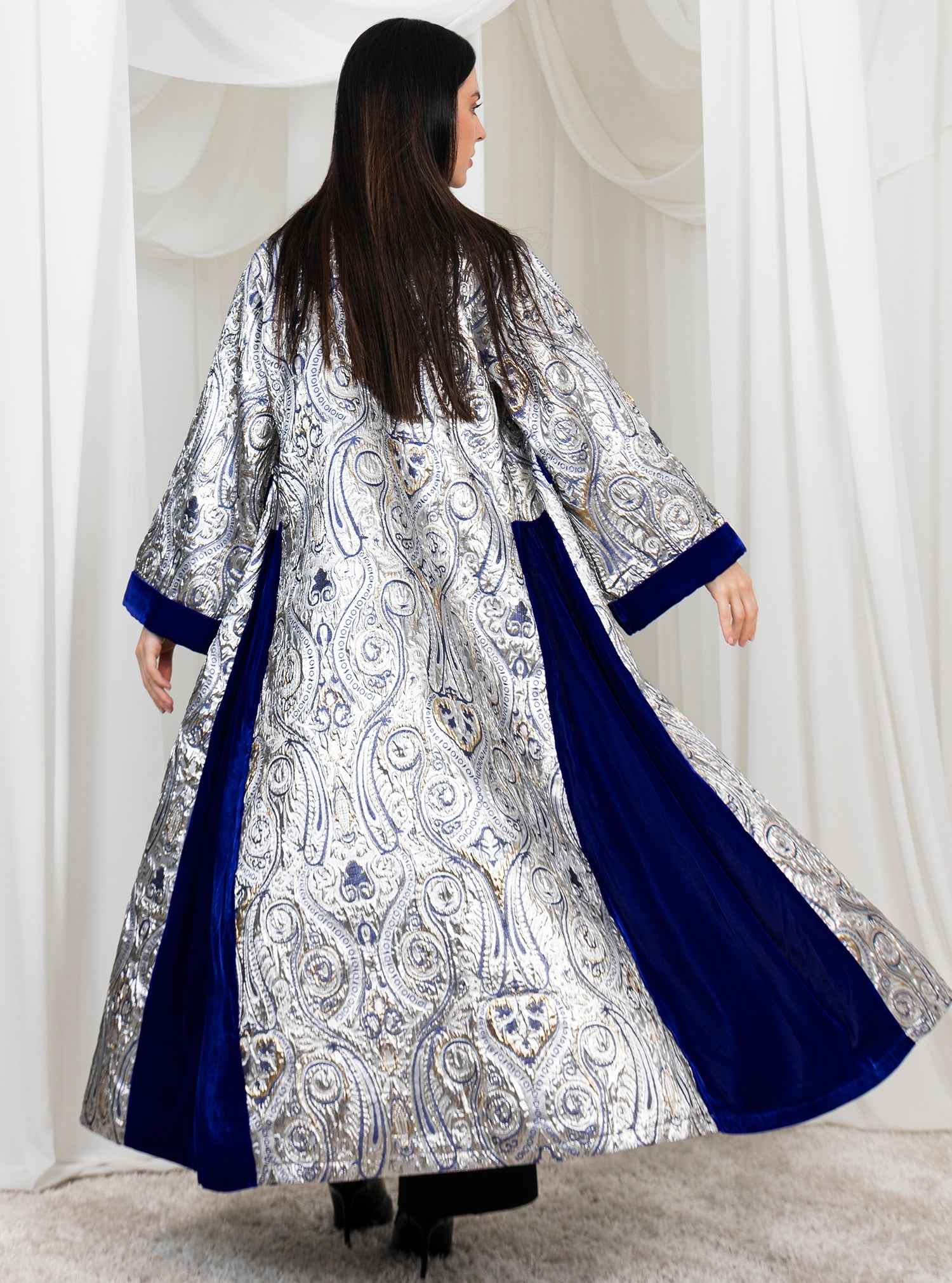 Dusk-ABY037 – Silver Jacquard Abaya with Royal Blue Accents
