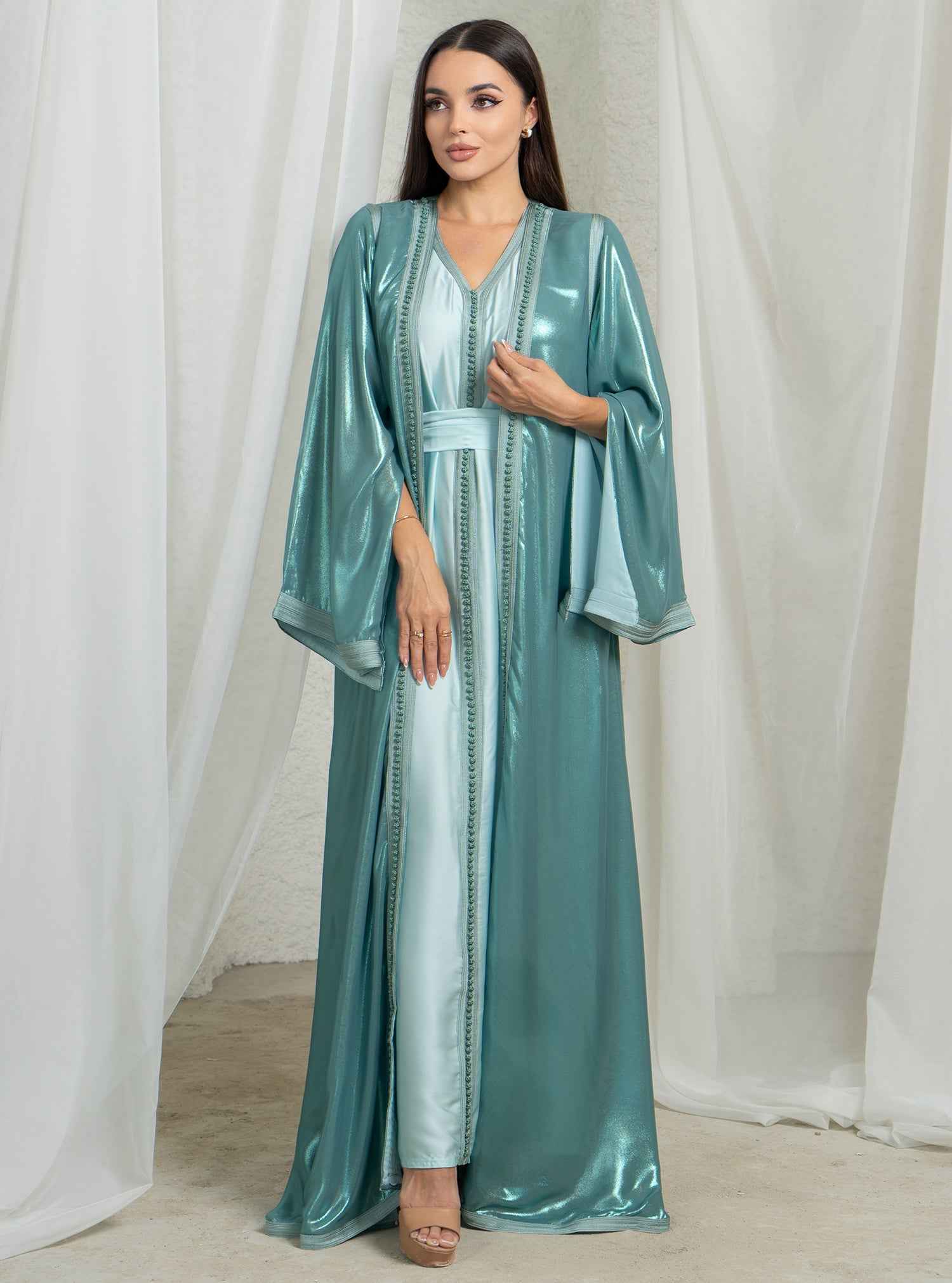 Mint-KTN025 – Vibrant Turquoise Two-Piece Kaftan with Glossy Cape & Elegant Sleeve Slit