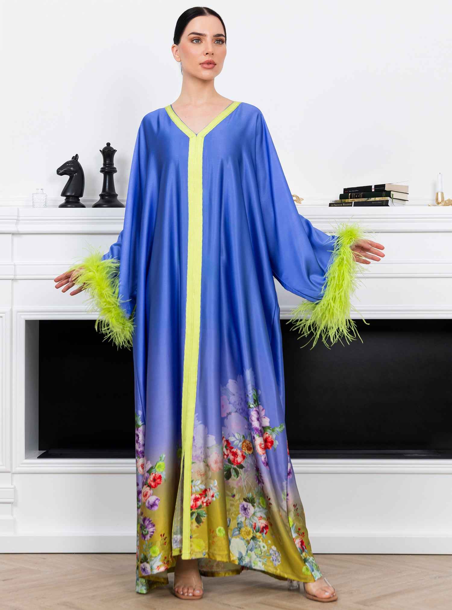 Springa-KTN049 – Radiant Silk Satin Kaftan with Floral Ombre & Delicate Feather Accents