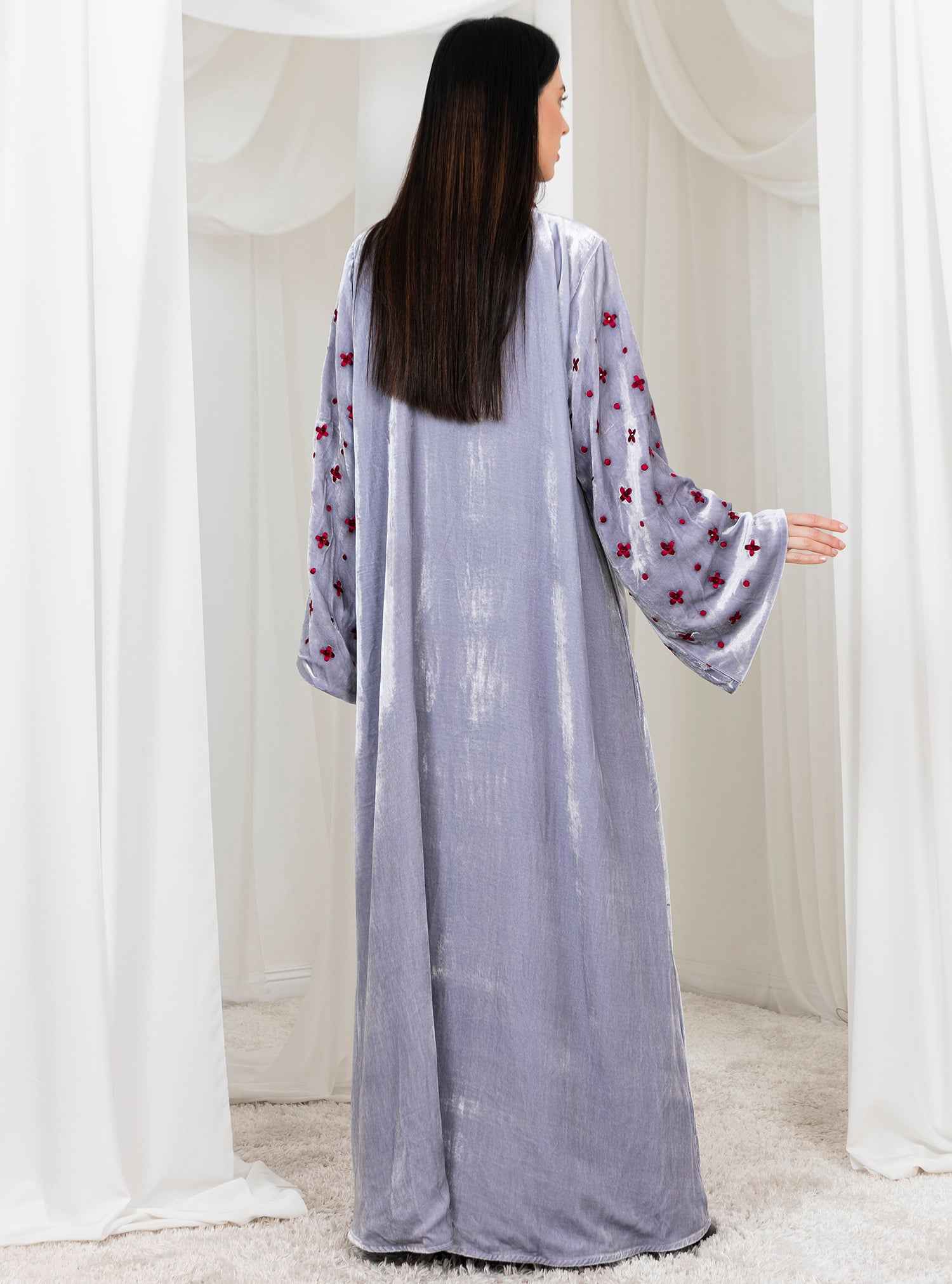 Crimson-ABY038 – Velvet Abaya with Satin Front & Hand-Embellished Sleeves