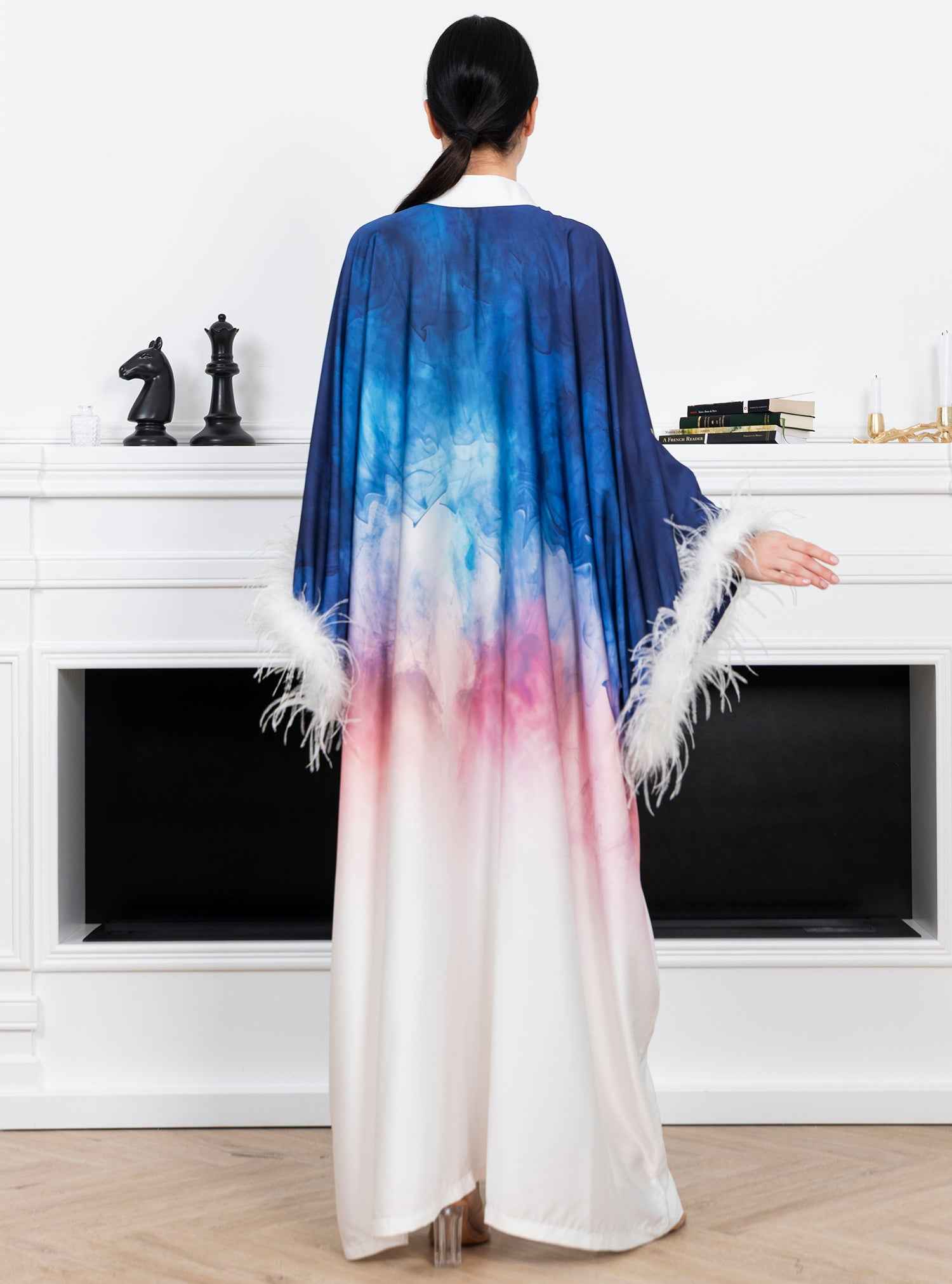 Pearl-KTN037 – Ombre Silk Satin Kaftan with Signature Feathered Elegance
