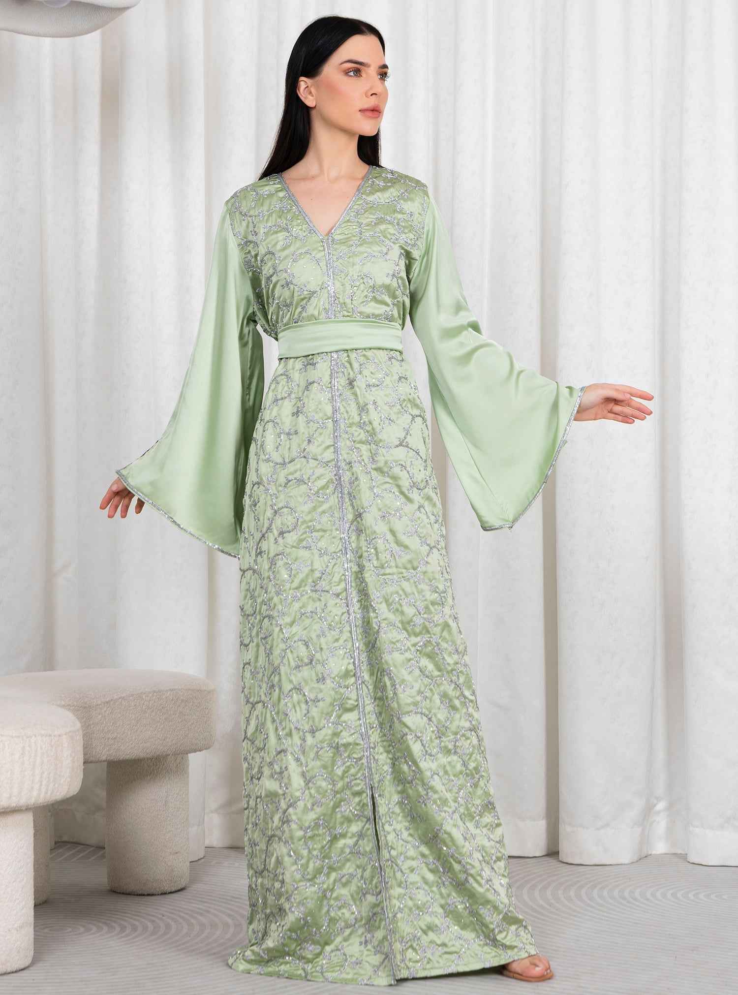 Moss-KTN039 – Pistachio Silk Kaftan with Intricate Textured Design