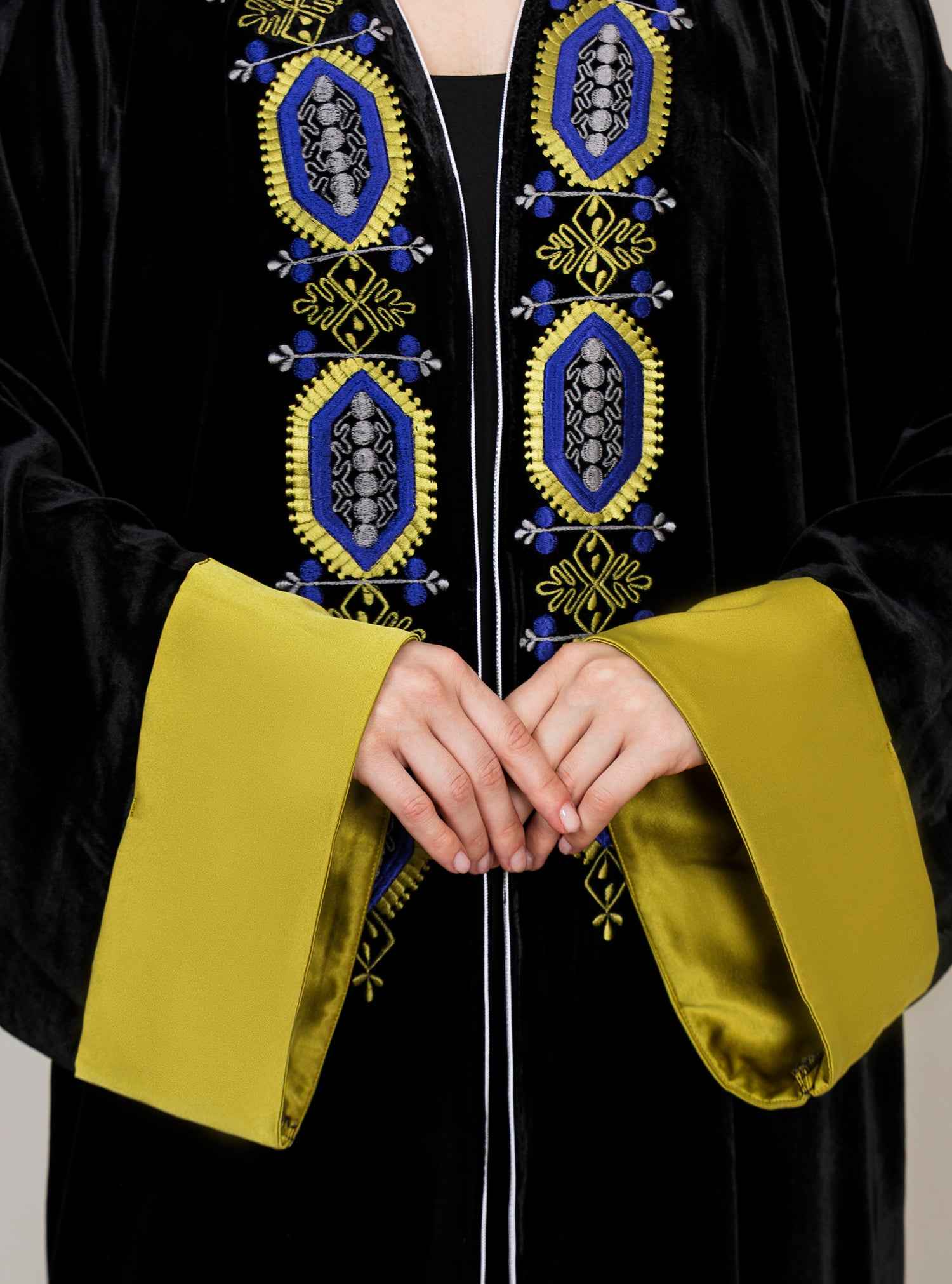 Canary-ABY030 – Velvet Abaya with Satin Sleeves & Handcrafted Embellished Details